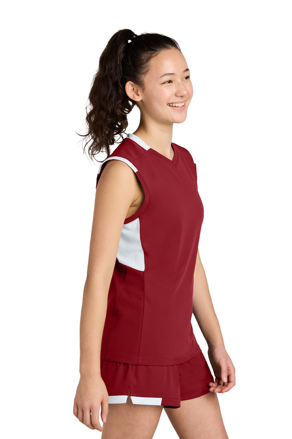 Sport-Tek YST441 Youth Club Moisture Wicking V-Neck Tank Top Deep Red/White Model Side
