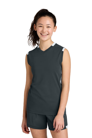 Sport-Tek YST441 Youth Club Moisture Wicking V-Neck Tank Top Iron Grey/White Model Front