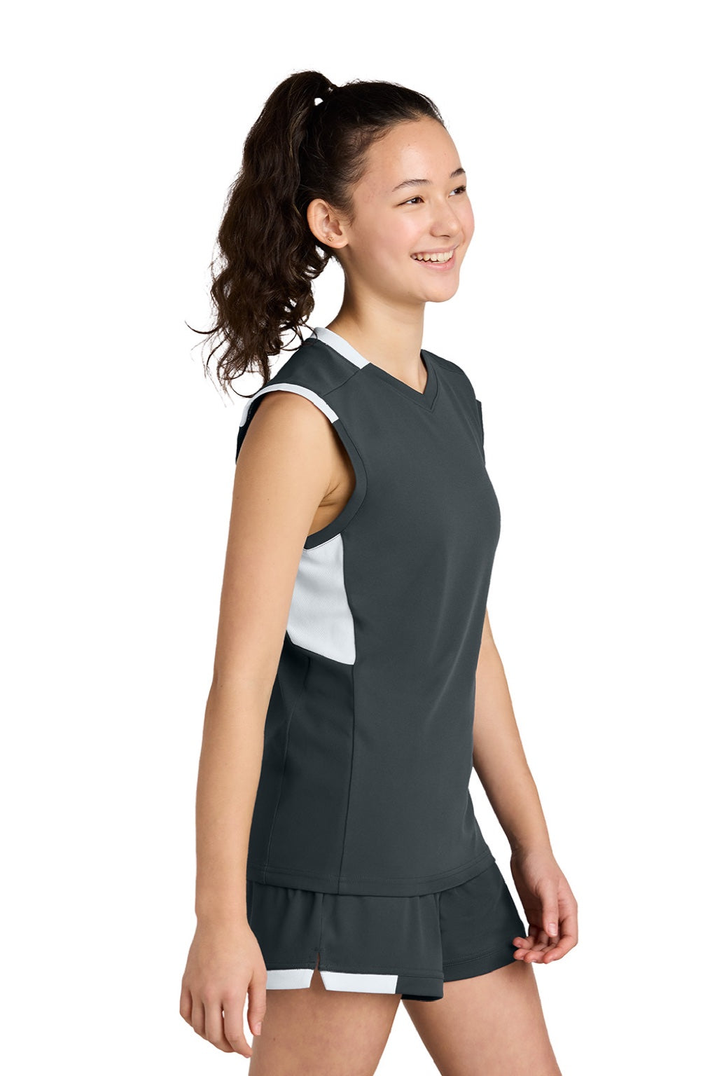 Sport-Tek YST441 Youth Club Moisture Wicking V-Neck Tank Top Iron Grey/White Model Side