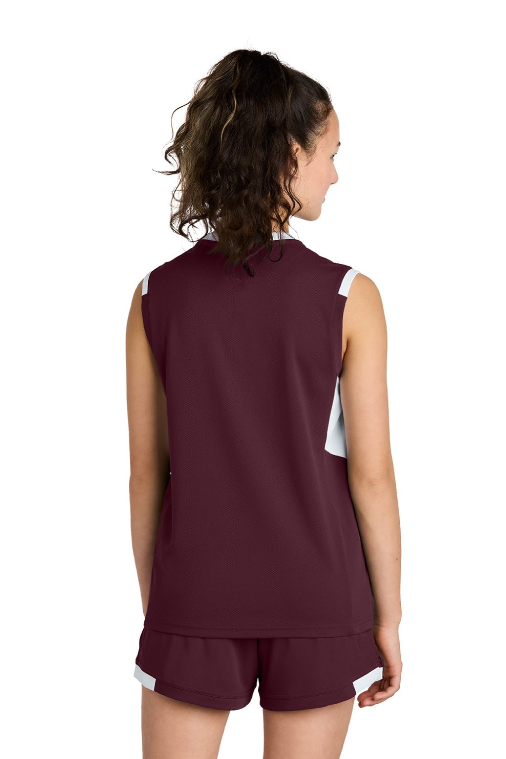 Sport-Tek YST441 Youth Club Moisture Wicking V-Neck Tank Top Maroon/White Model Back