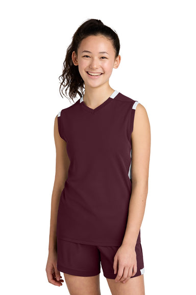 Sport-Tek YST441 Youth Club Moisture Wicking V-Neck Tank Top Maroon/White Model Front