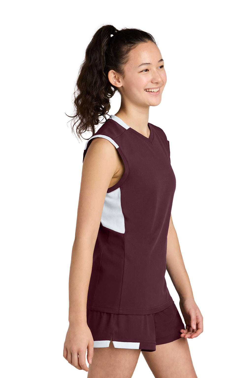 Sport-Tek YST441 Youth Club Moisture Wicking V-Neck Tank Top Maroon/White Model Side