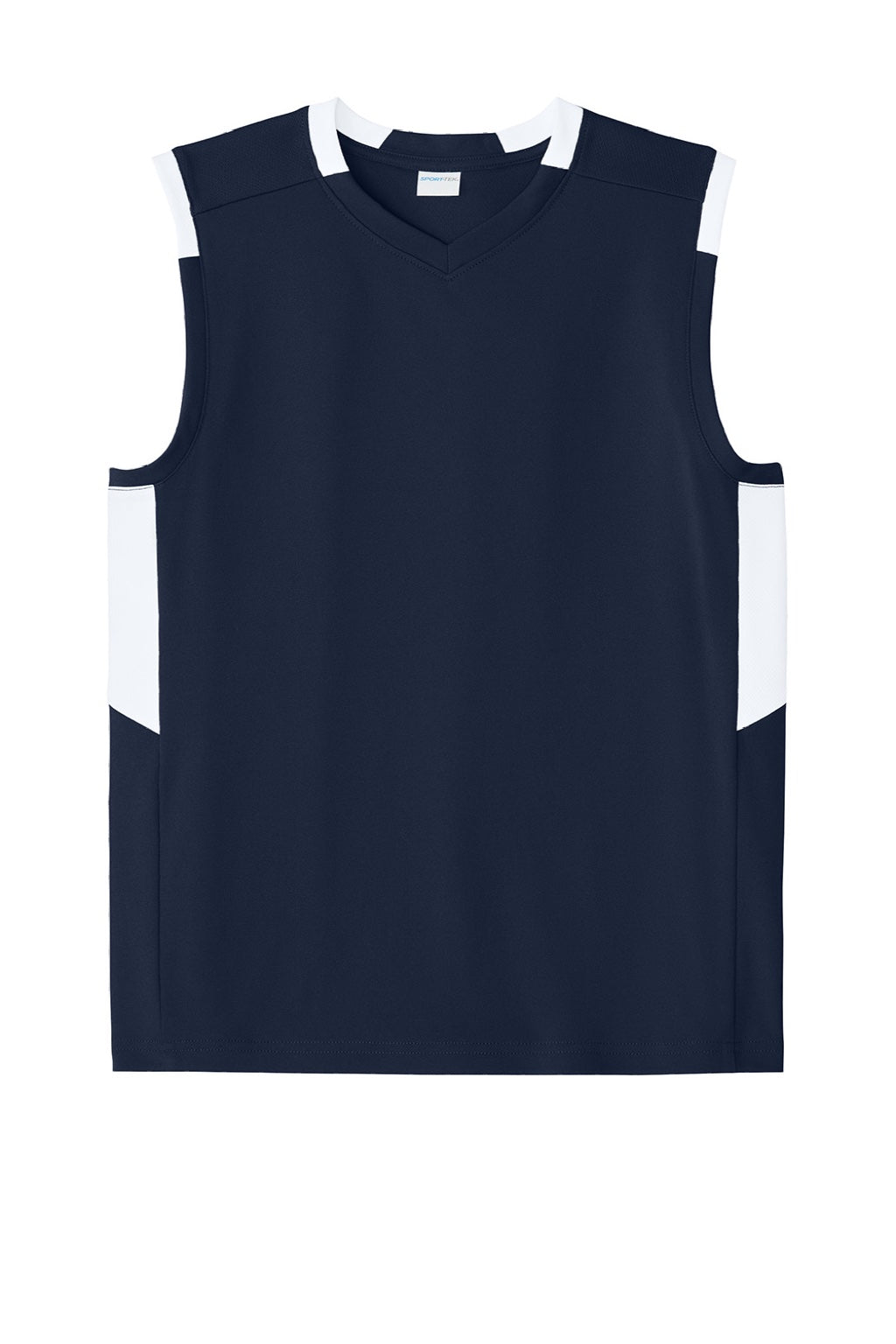 Sport-Tek YST441 Youth Club Moisture Wicking V-Neck Tank Top True Navy Blue/White Flat Front