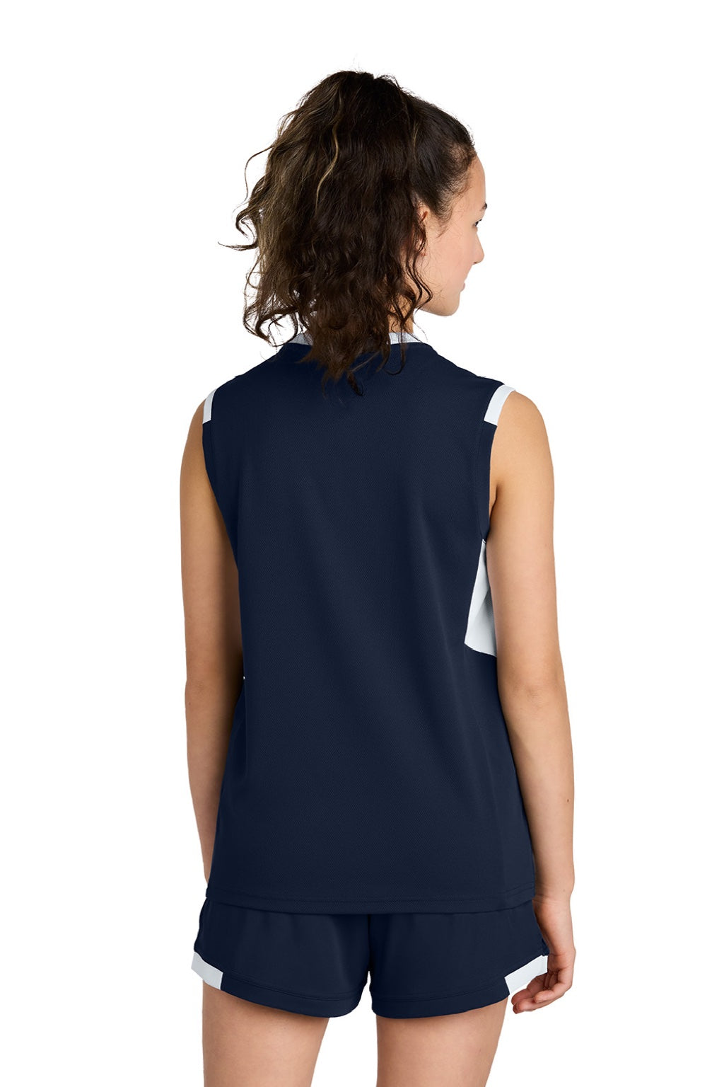 Sport-Tek YST441 Youth Club Moisture Wicking V-Neck Tank Top True Navy Blue/White Model Back