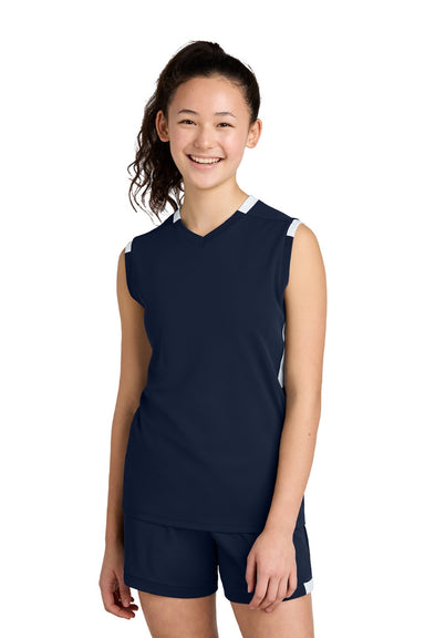 Sport-Tek YST441 Youth Club Moisture Wicking V-Neck Tank Top True Navy Blue/White Model Front