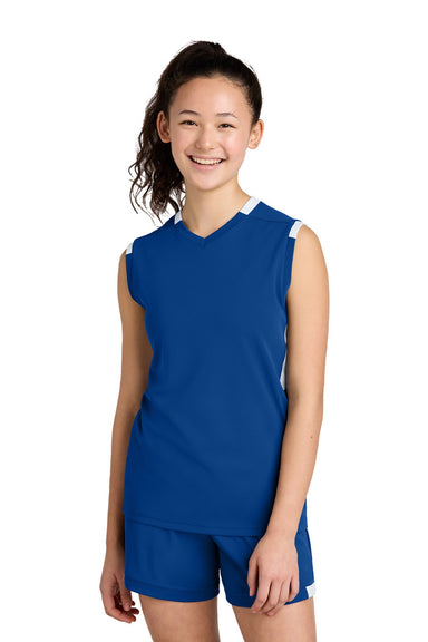 Sport-Tek YST441 Youth Club Moisture Wicking V-Neck Tank Top True Royal Blue/White Model Front