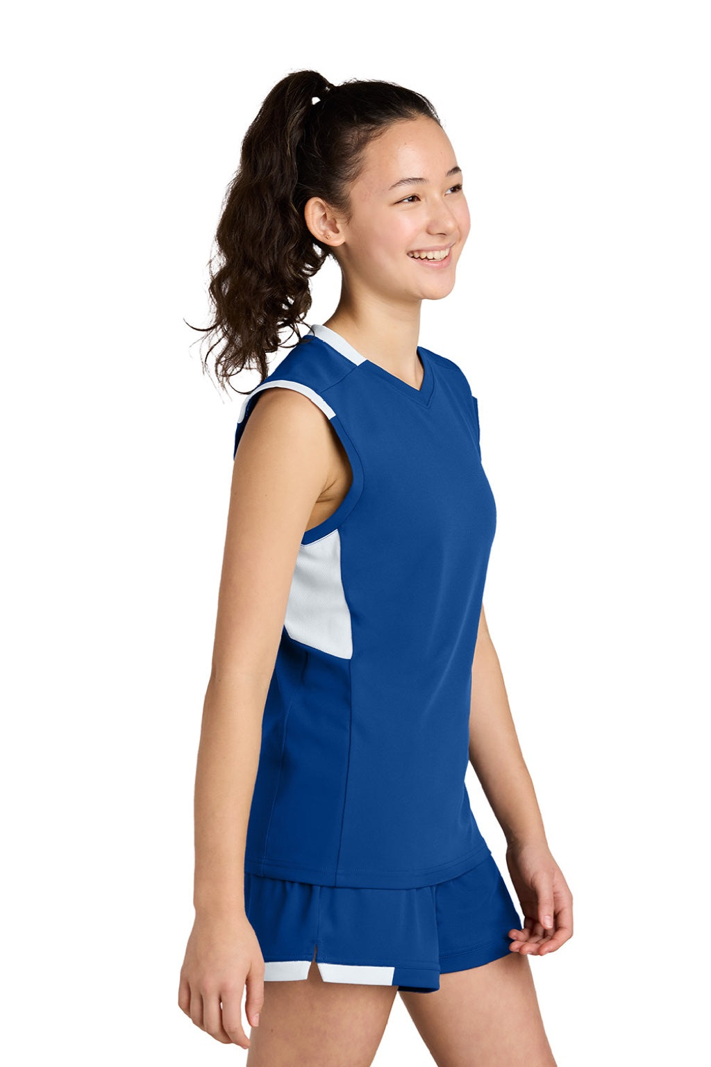 Sport-Tek YST441 Youth Club Moisture Wicking V-Neck Tank Top True Royal Blue/White Model Side