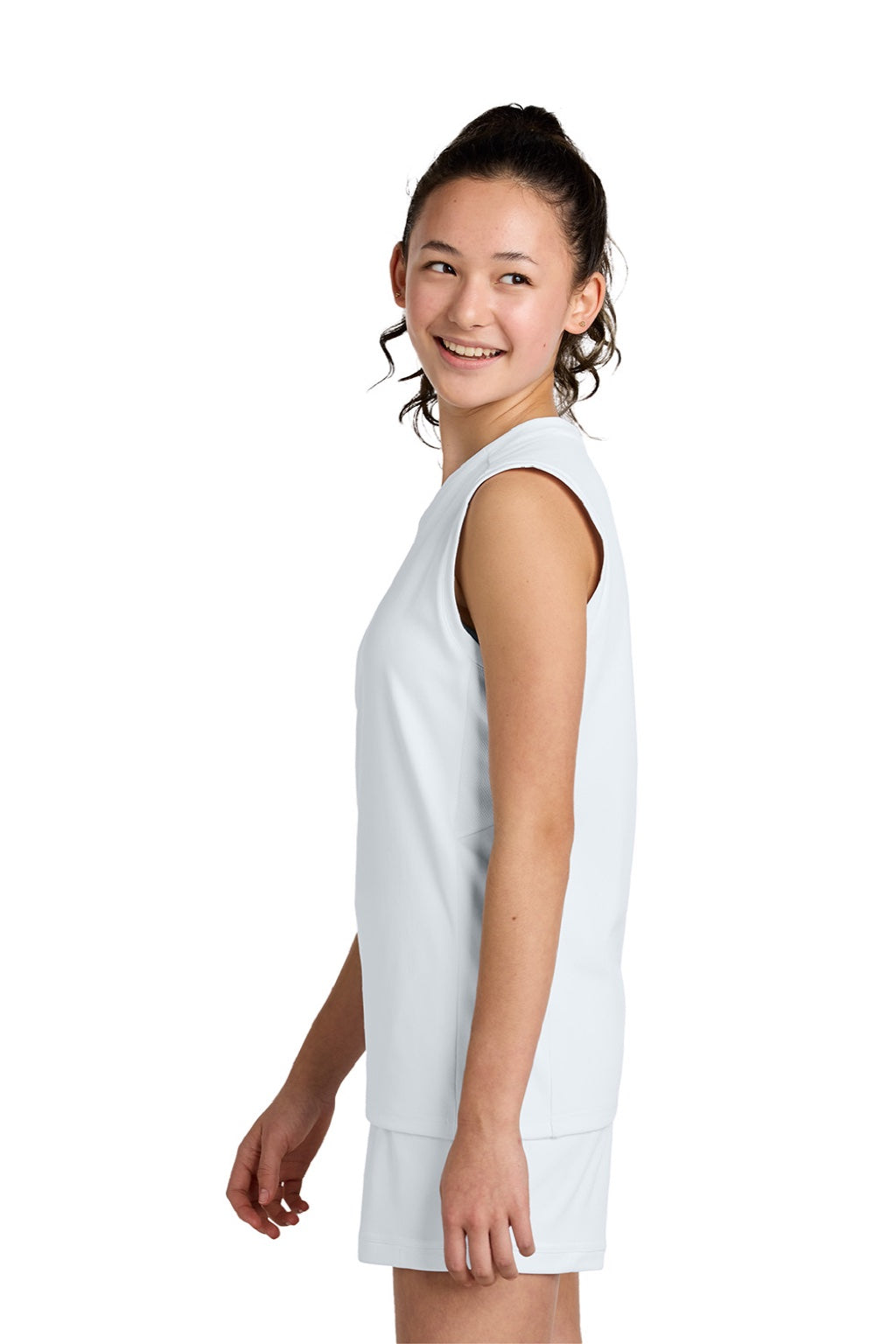 Sport-Tek YST441 Youth Club Moisture Wicking V-Neck Tank Top White/White Model Side