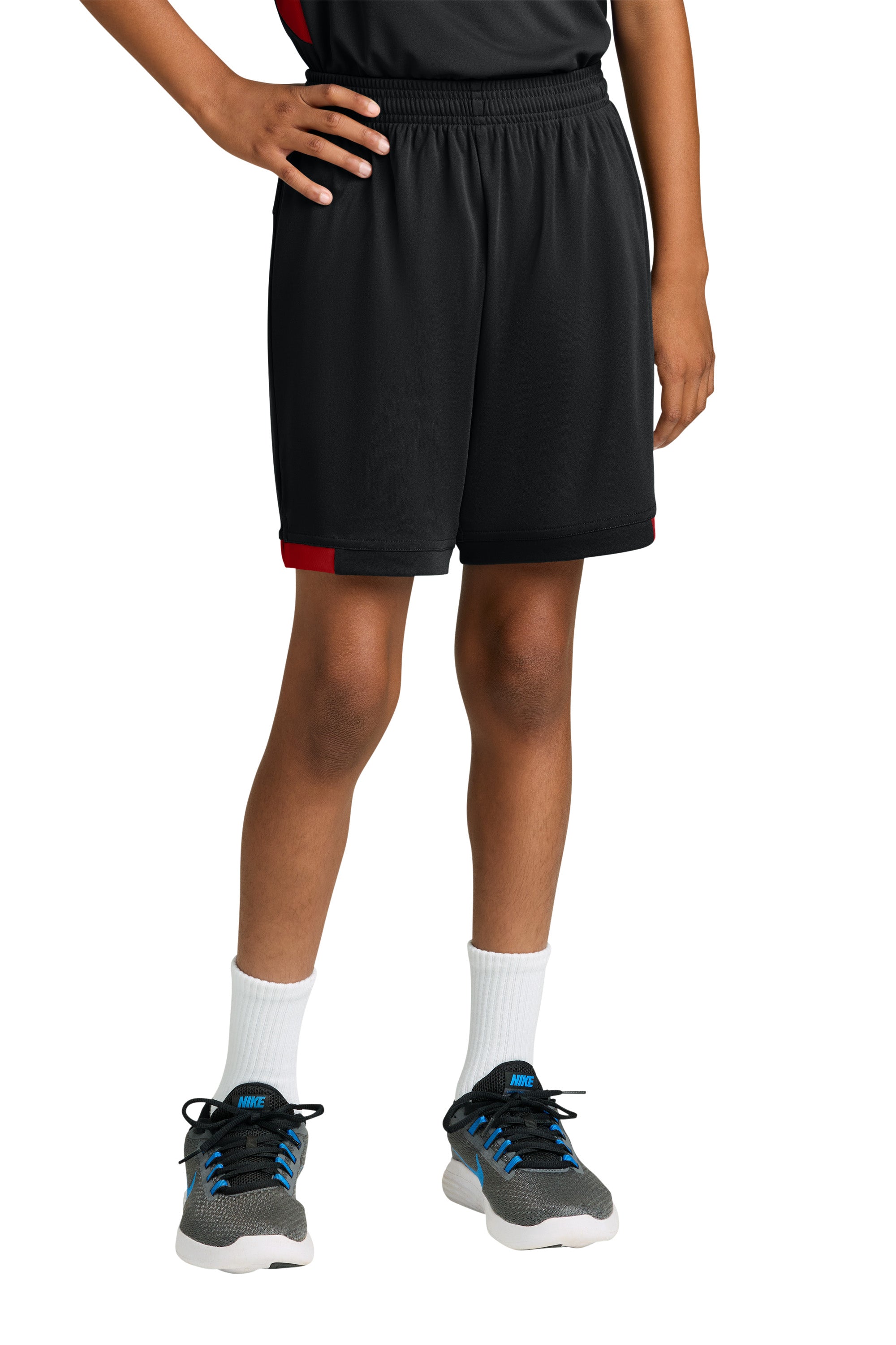 Sport-Tek YST4420 Youth Club Shorts Black/Deep Red Model Front