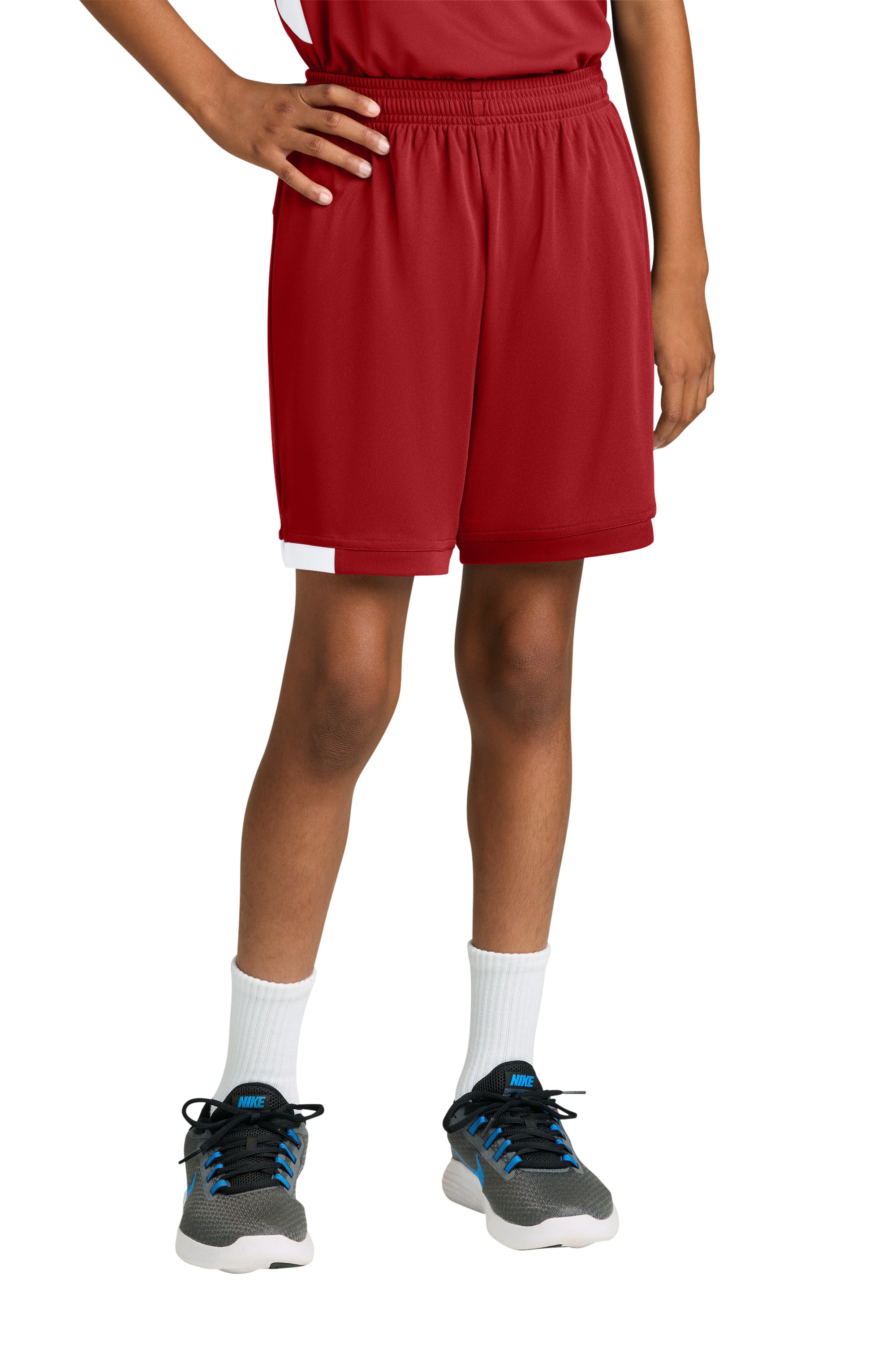 Sport-Tek YST4420 Youth Club Shorts Deep Red/White Model Front