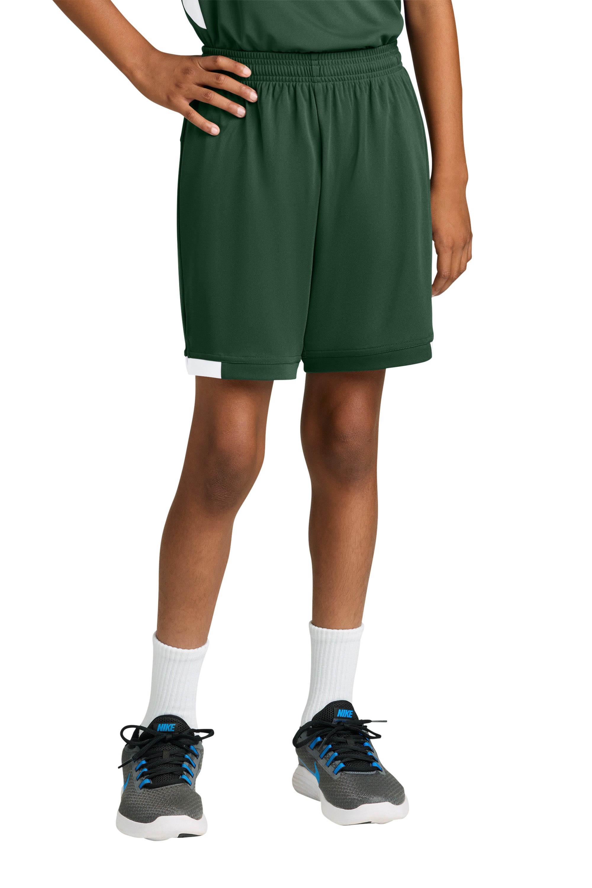 Sport-Tek YST4420 Youth Club Shorts Forest Green/White Model Front