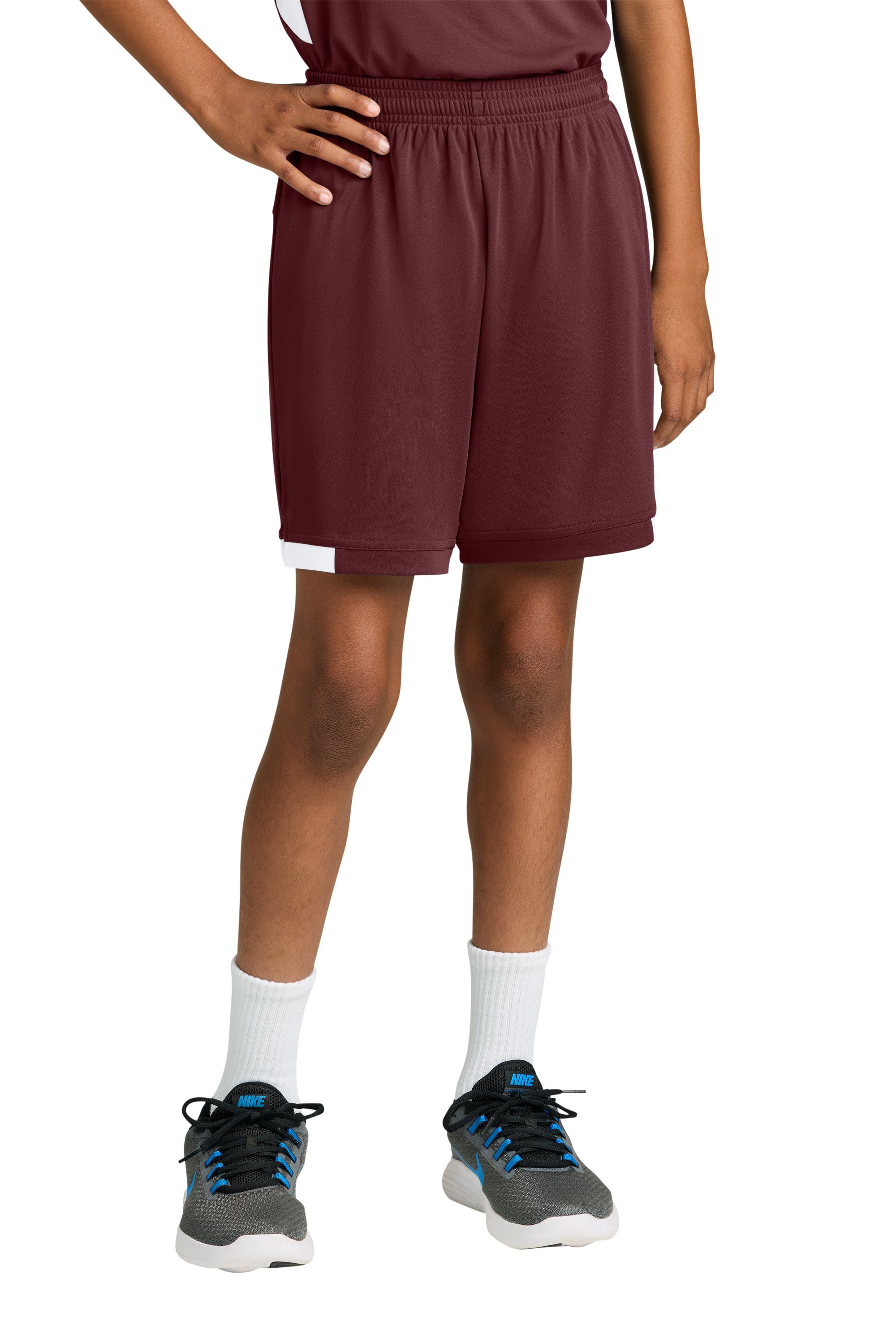 Sport-Tek YST4420 Youth Club Shorts Maroon/White Model Front