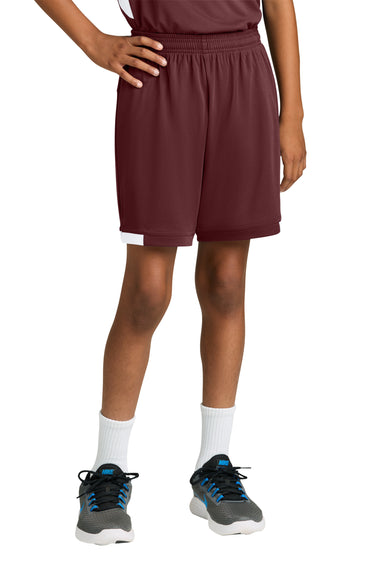 Sport-Tek YST4420 Youth Club Shorts Maroon/White Model Front
