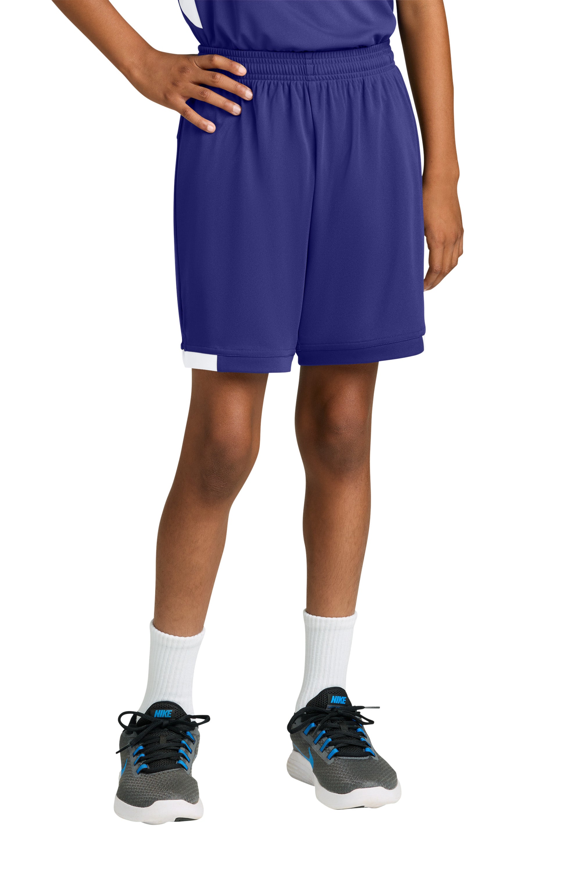 Sport-Tek YST4420 Youth Club Shorts Purple/White Model Front