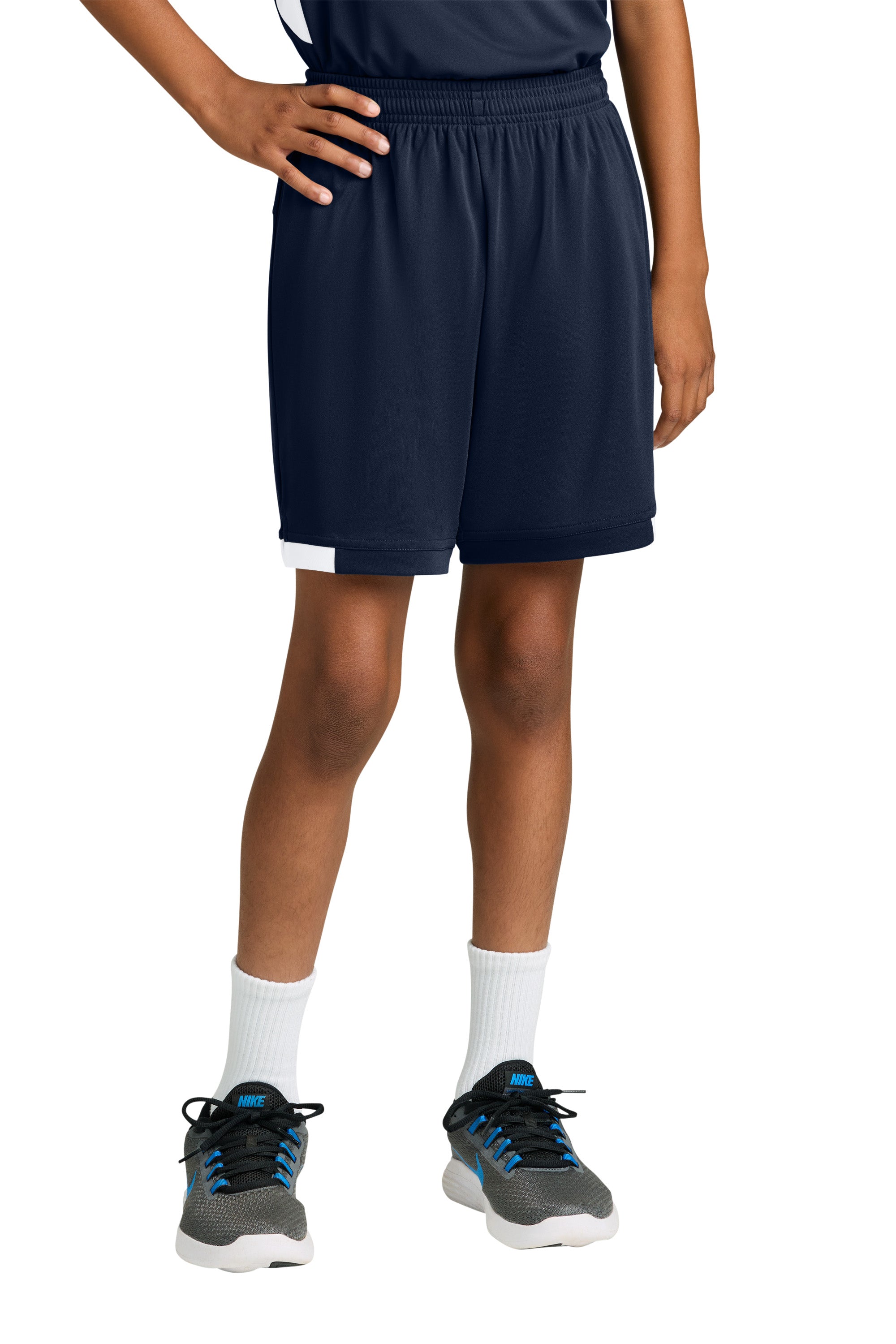 Sport-Tek YST4420 Youth Club Shorts True Navy Blue/White Model Front