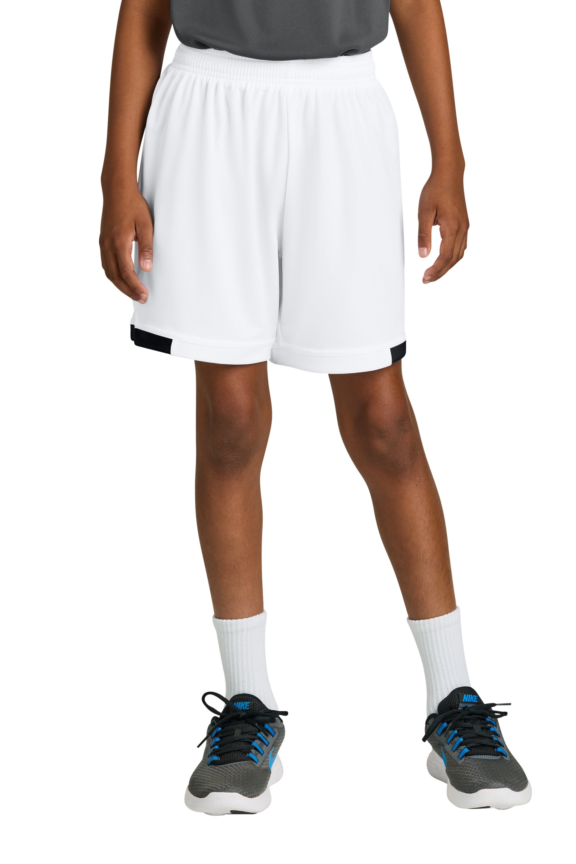 Sport-Tek YST4420 Youth Club Shorts White/Black Model Front
