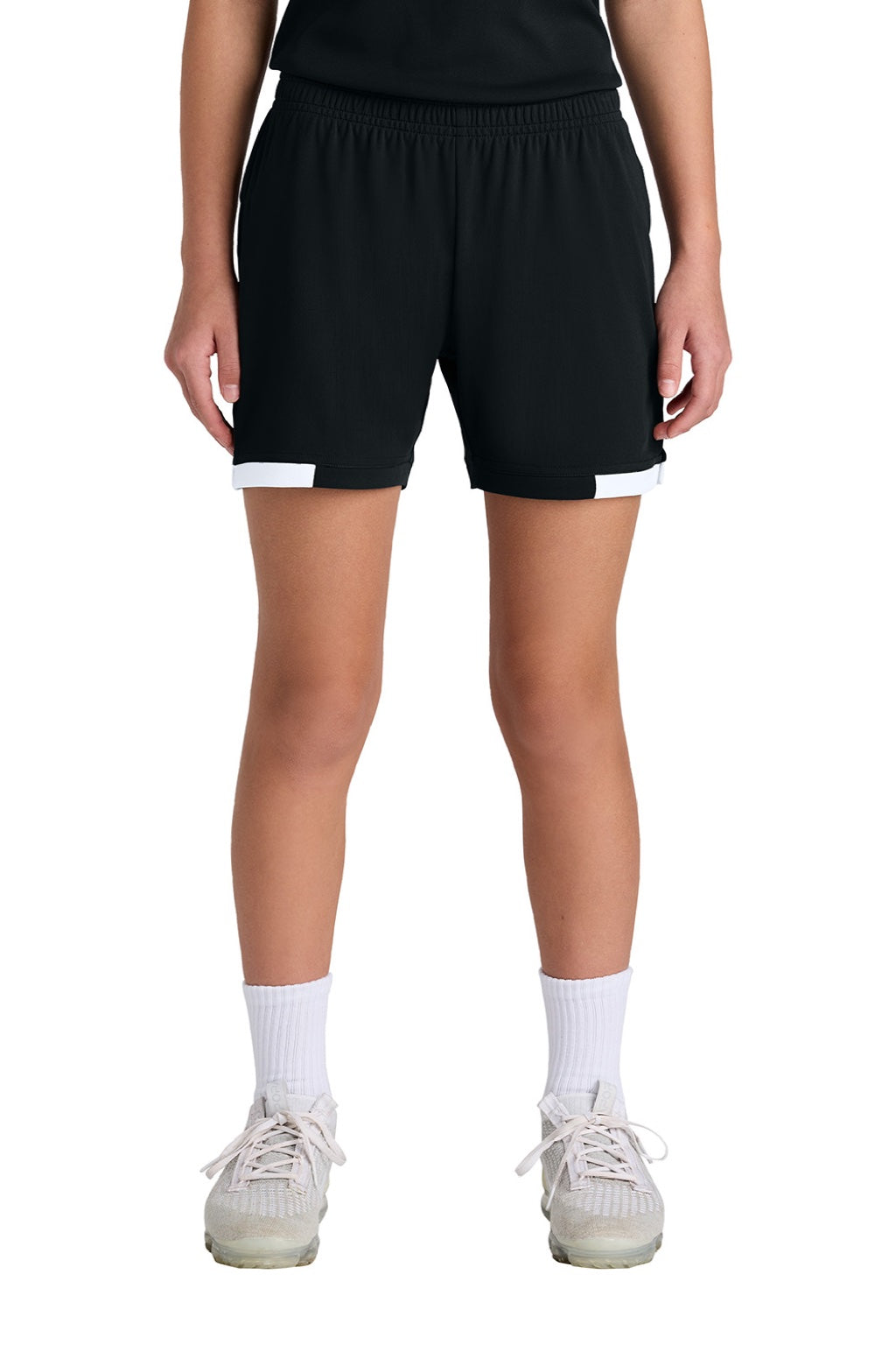 Sport-Tek YST442 Youth Club Moisture Wicking Shorts Black/White Model Front