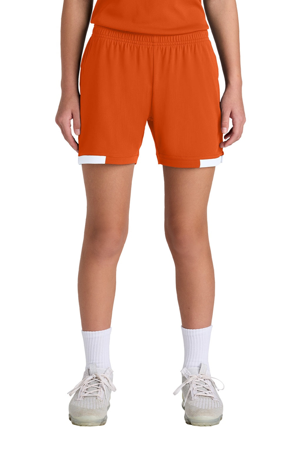 Sport-Tek YST442 Youth Club Moisture Wicking Shorts Deep Orange/White Model Front