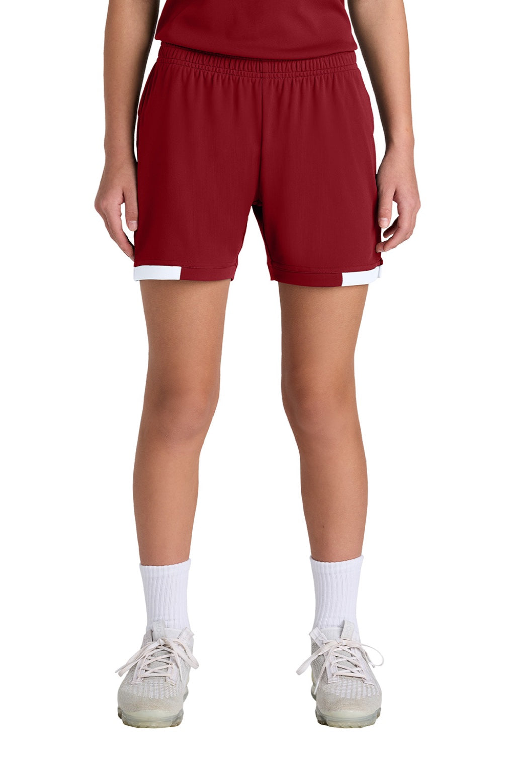 Sport-Tek YST442 Youth Club Moisture Wicking Shorts Deep Red/White Model Front