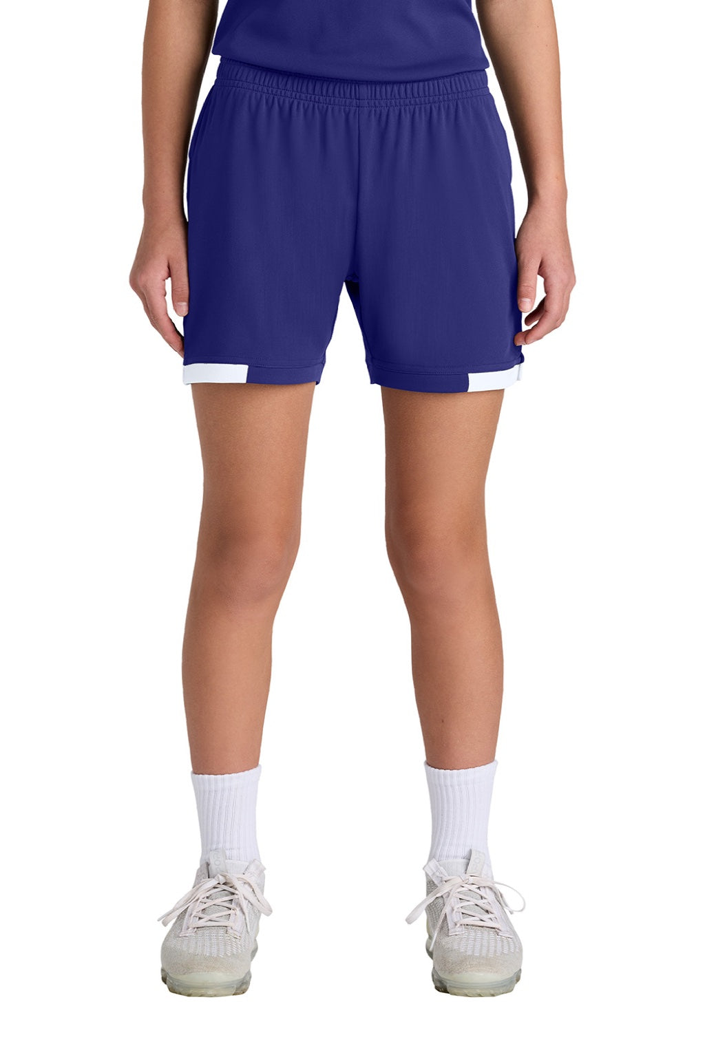 Sport-Tek YST442 Youth Club Moisture Wicking Shorts Purple/White Model Front