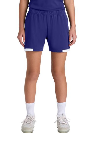 Sport-Tek YST442 Youth Club Moisture Wicking Shorts Purple/White Model Front