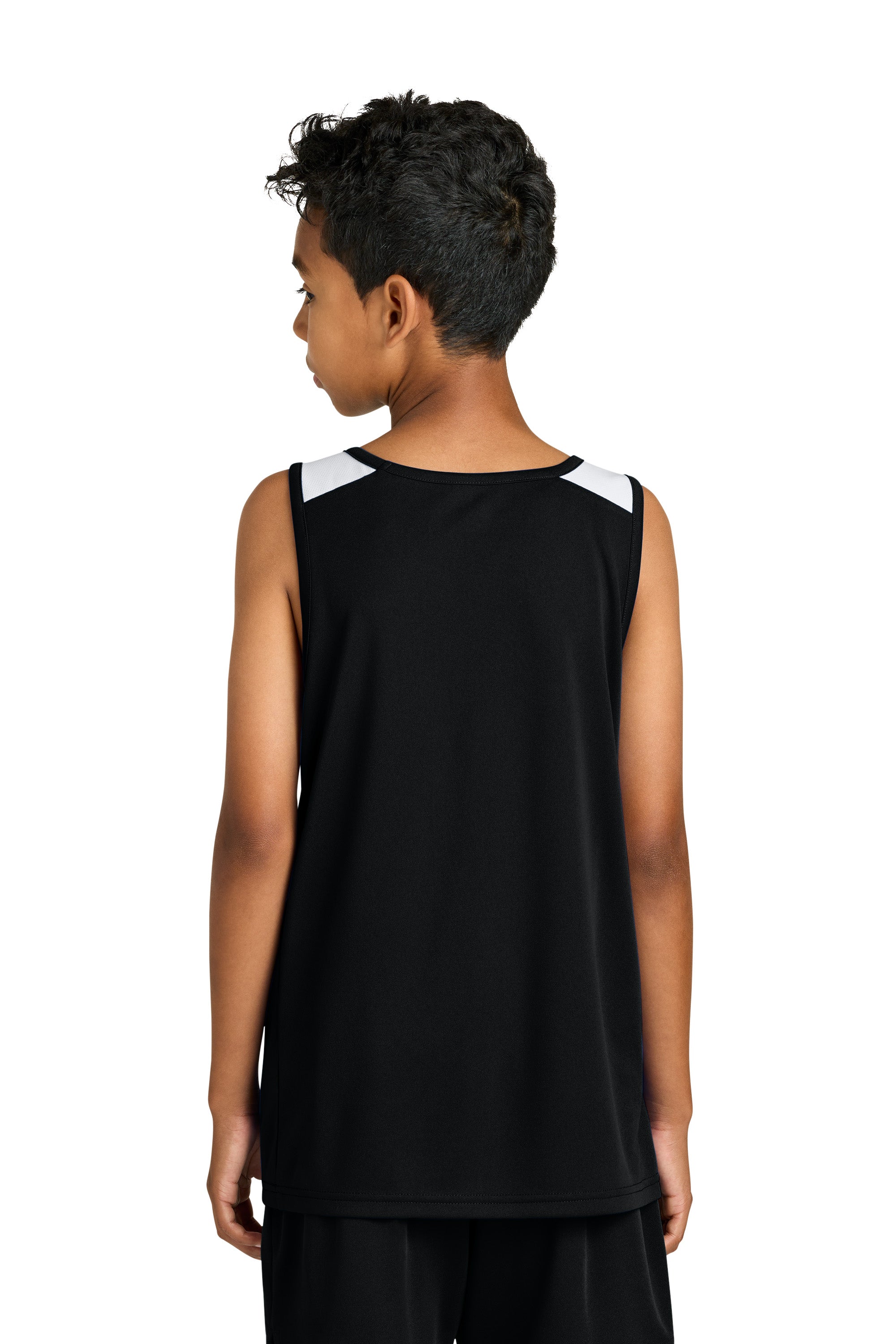 Sport-Tek YST446 Youth Club Track Tank Top Black/White Model Back