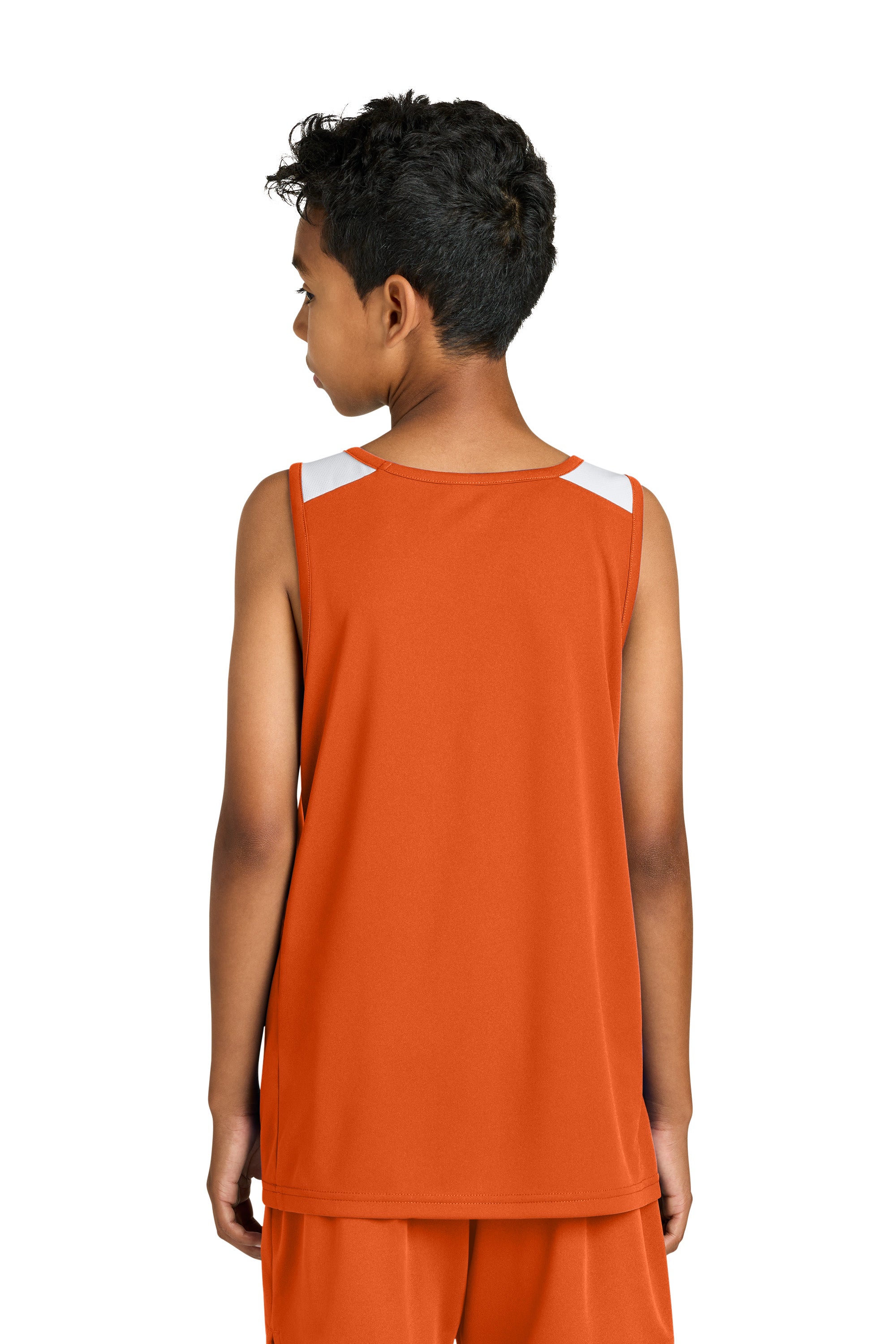 Sport-Tek YST446 Youth Club Track Tank Top Deep Orange/White Model Back
