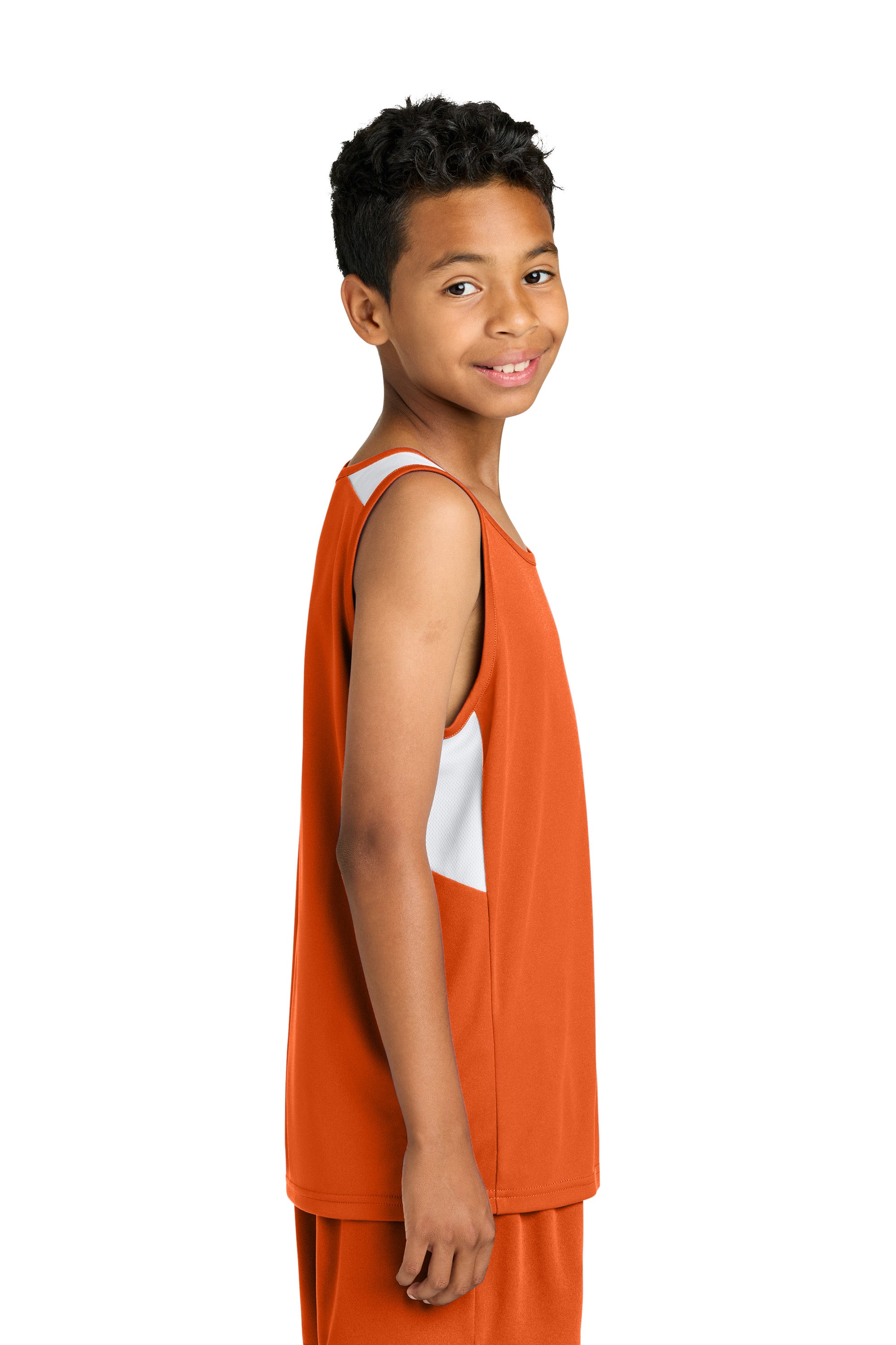 Sport-Tek YST446 Youth Club Track Tank Top Deep Orange/White Model Side