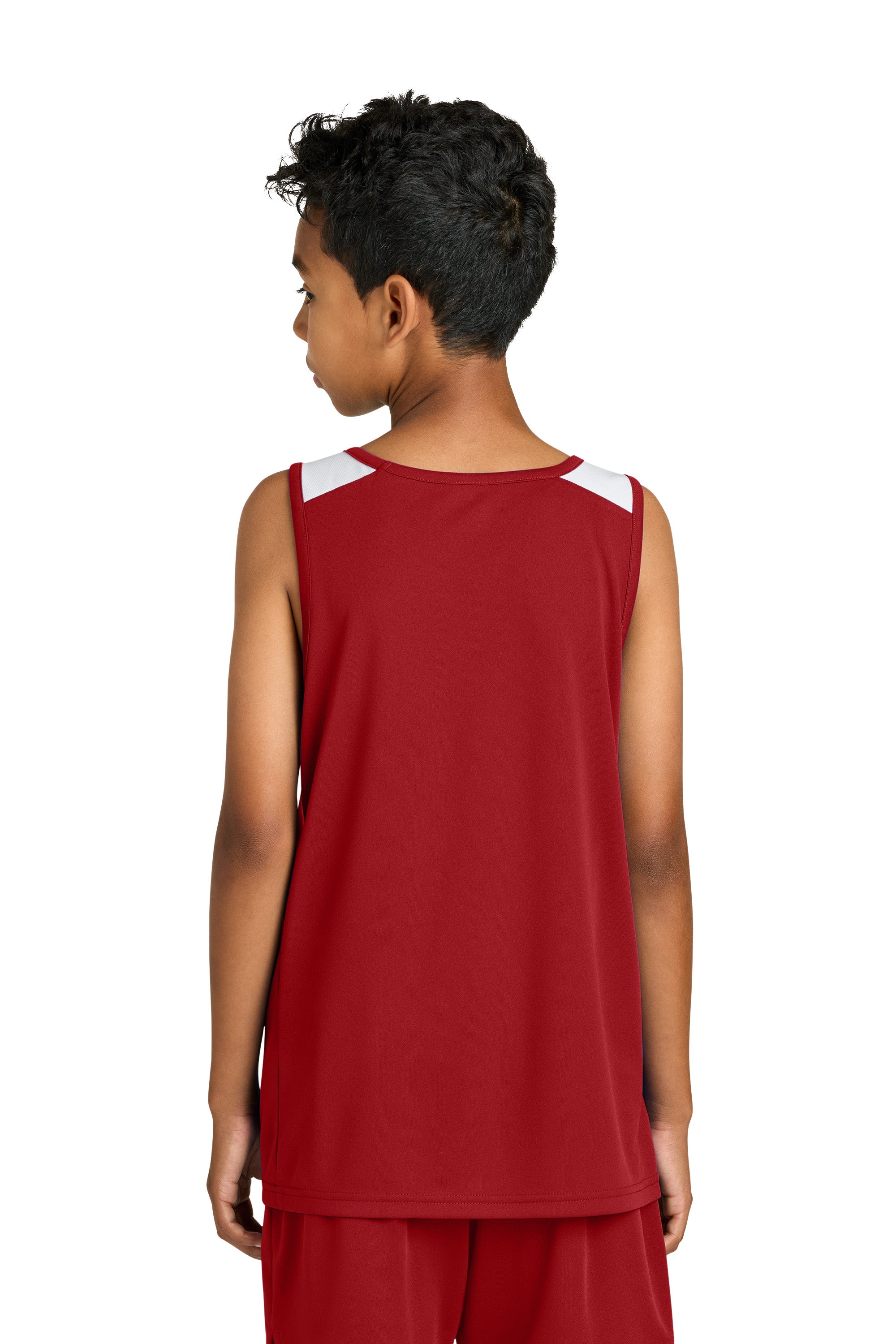 Sport-Tek YST446 Youth Club Track Tank Top Deep Red/White Model Back