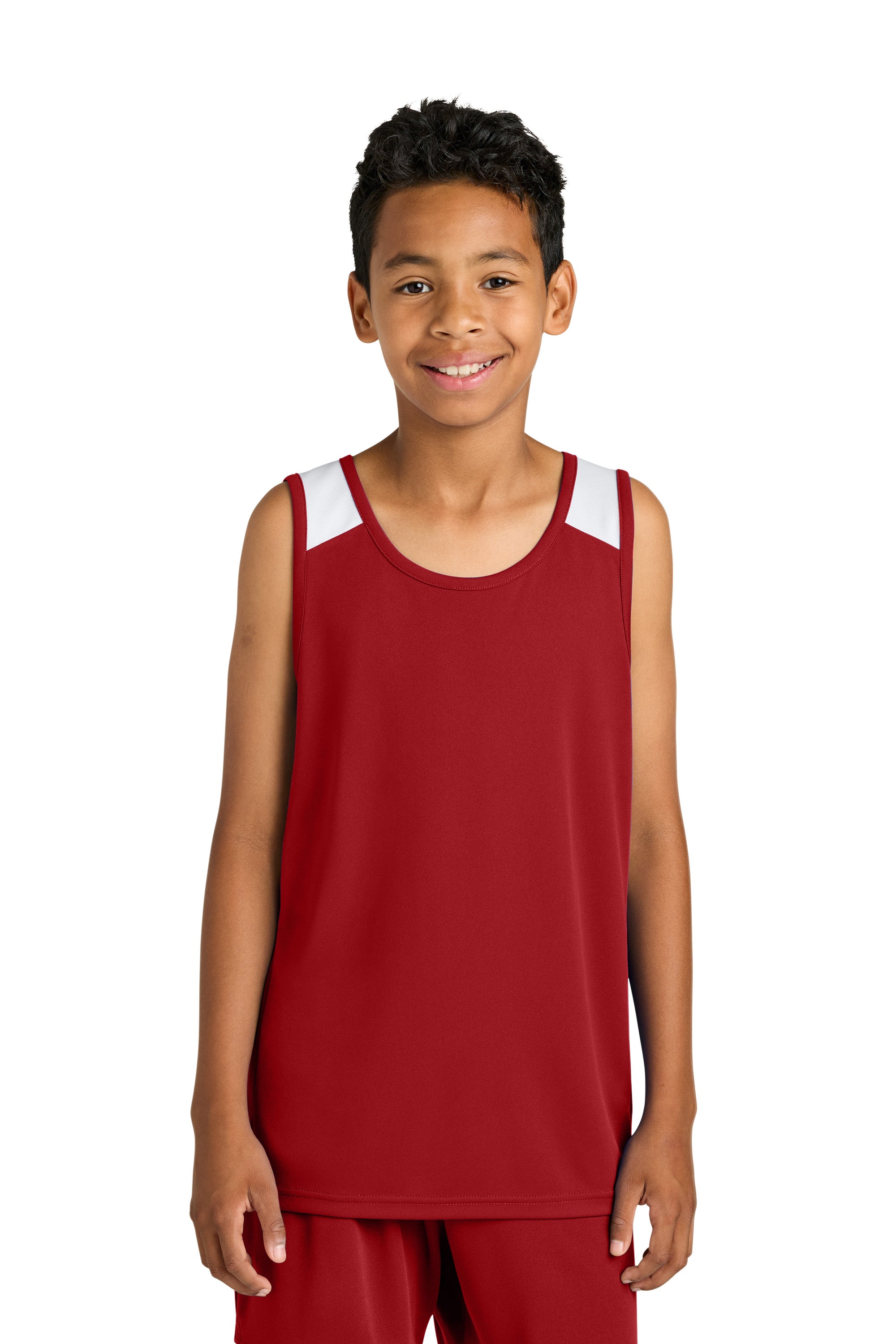 Sport-Tek YST446 Youth Club Track Tank Top Deep Red/White Model Front