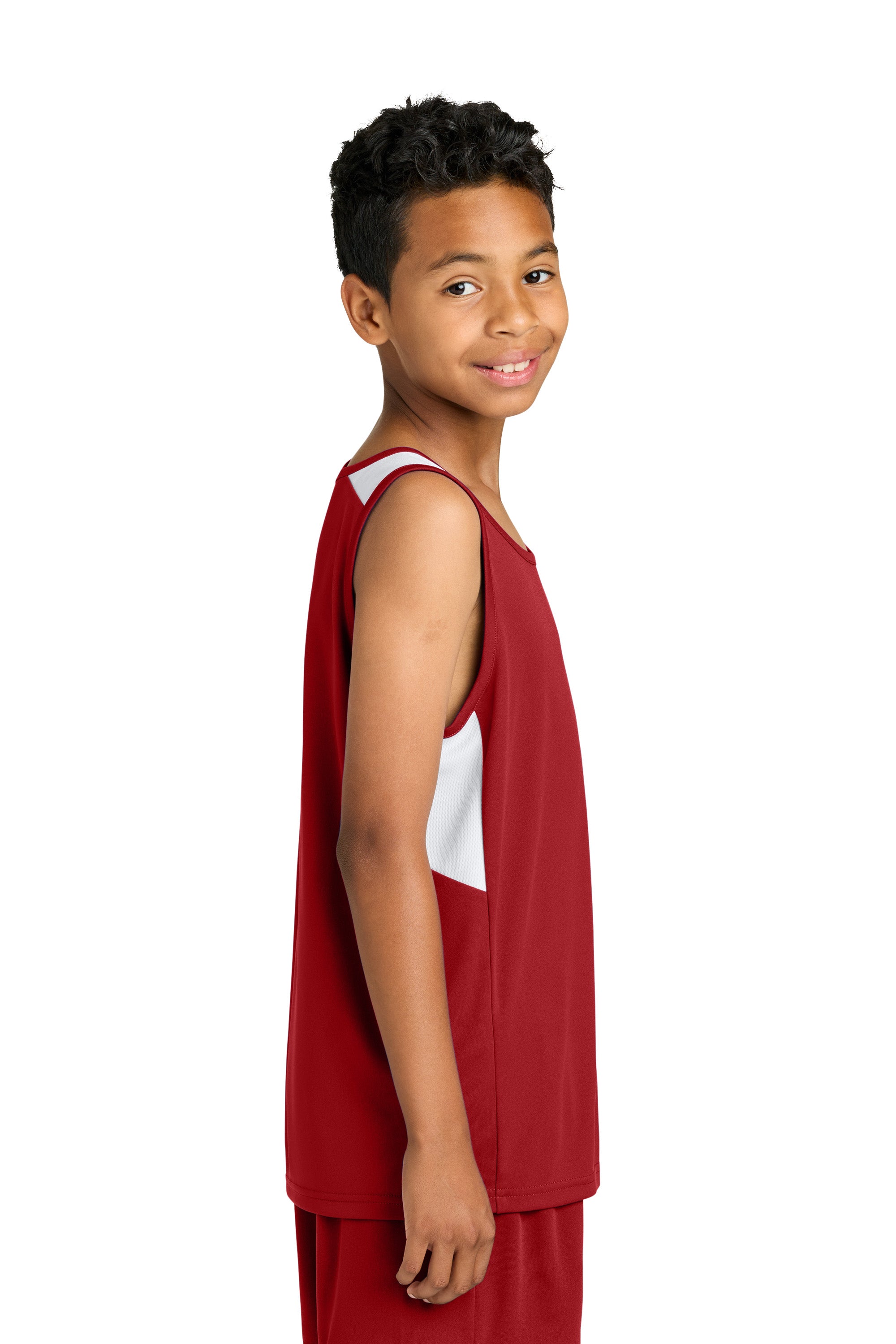 Sport-Tek YST446 Youth Club Track Tank Top Deep Red/White Model Side