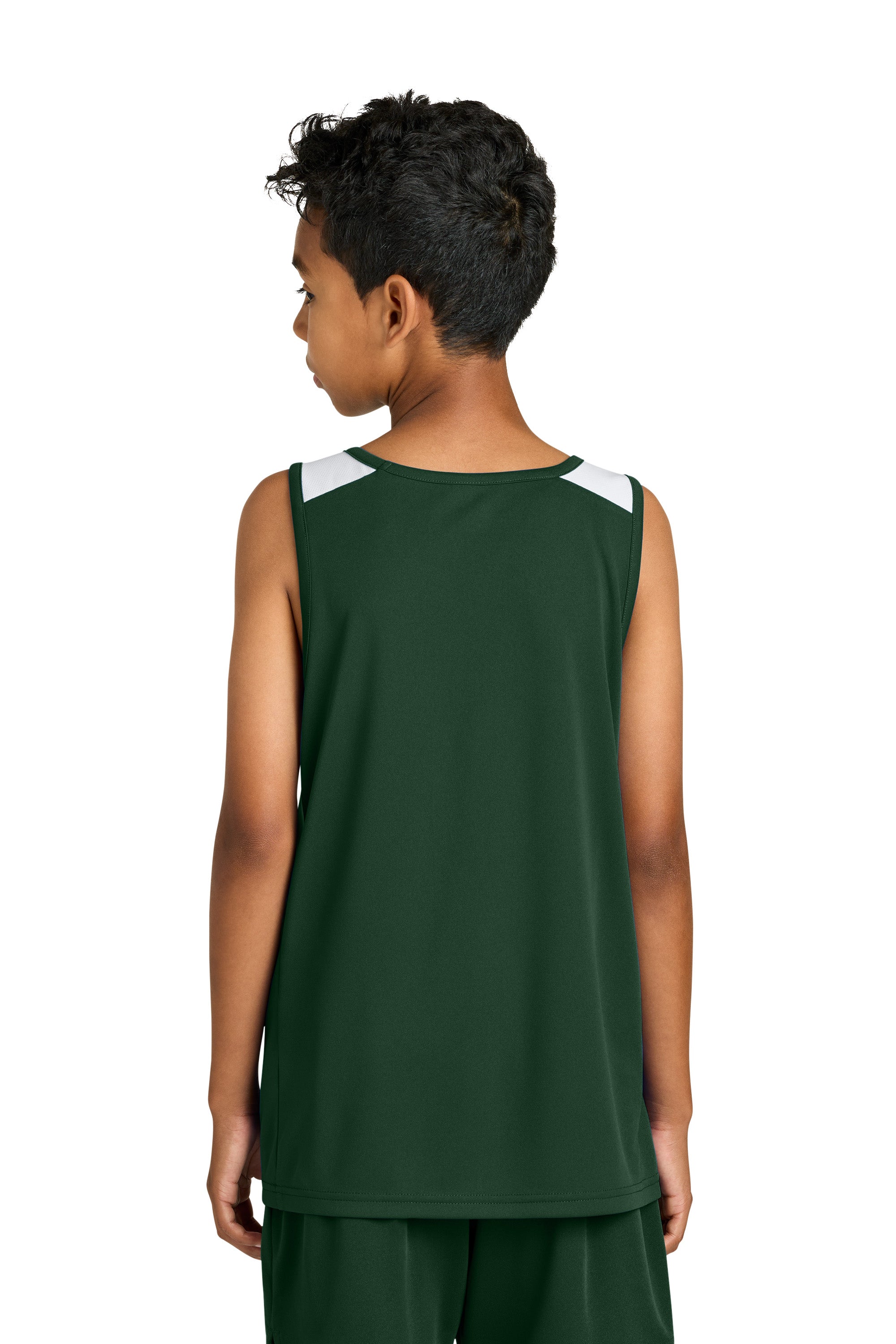 Sport-Tek YST446 Youth Club Track Tank Top Forest Green/White Model Back