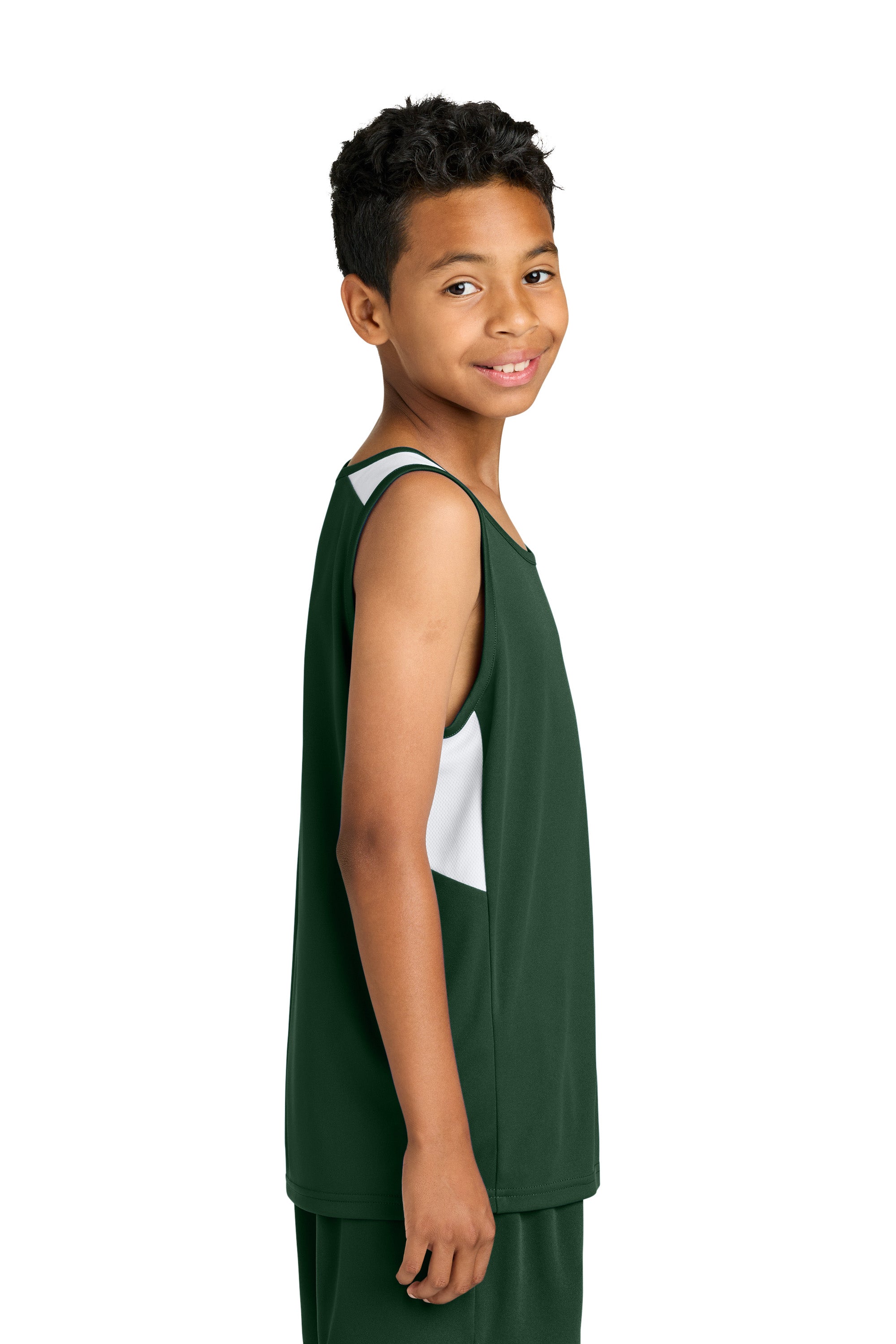 Sport-Tek YST446 Youth Club Track Tank Top Forest Green/White Model Side