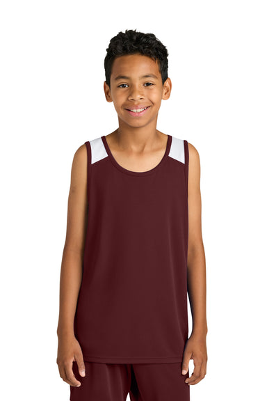 Sport-Tek YST446 Youth Club Track Tank Top Maroon/White Model Front