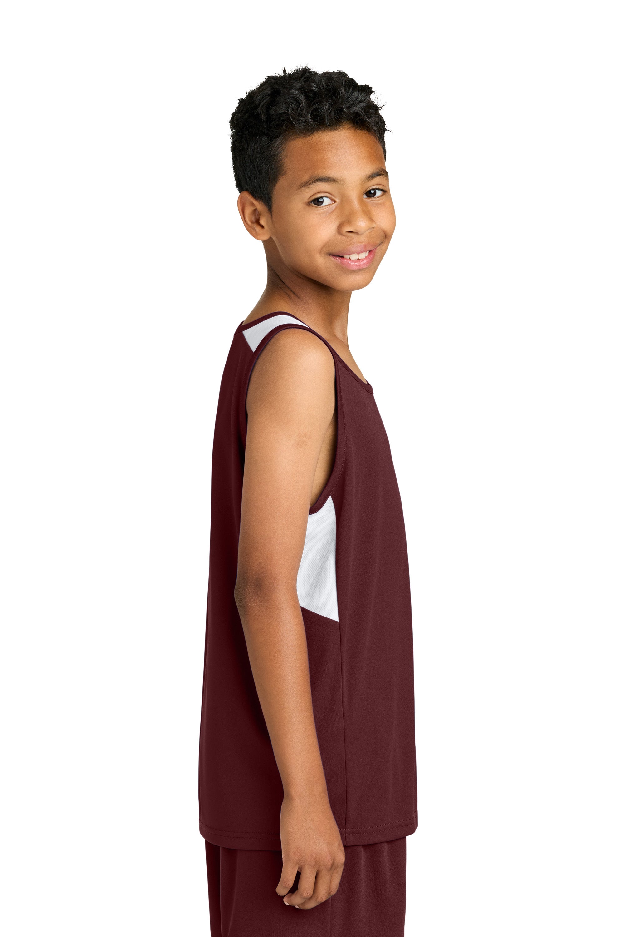Sport-Tek YST446 Youth Club Track Tank Top Maroon/White Model Side