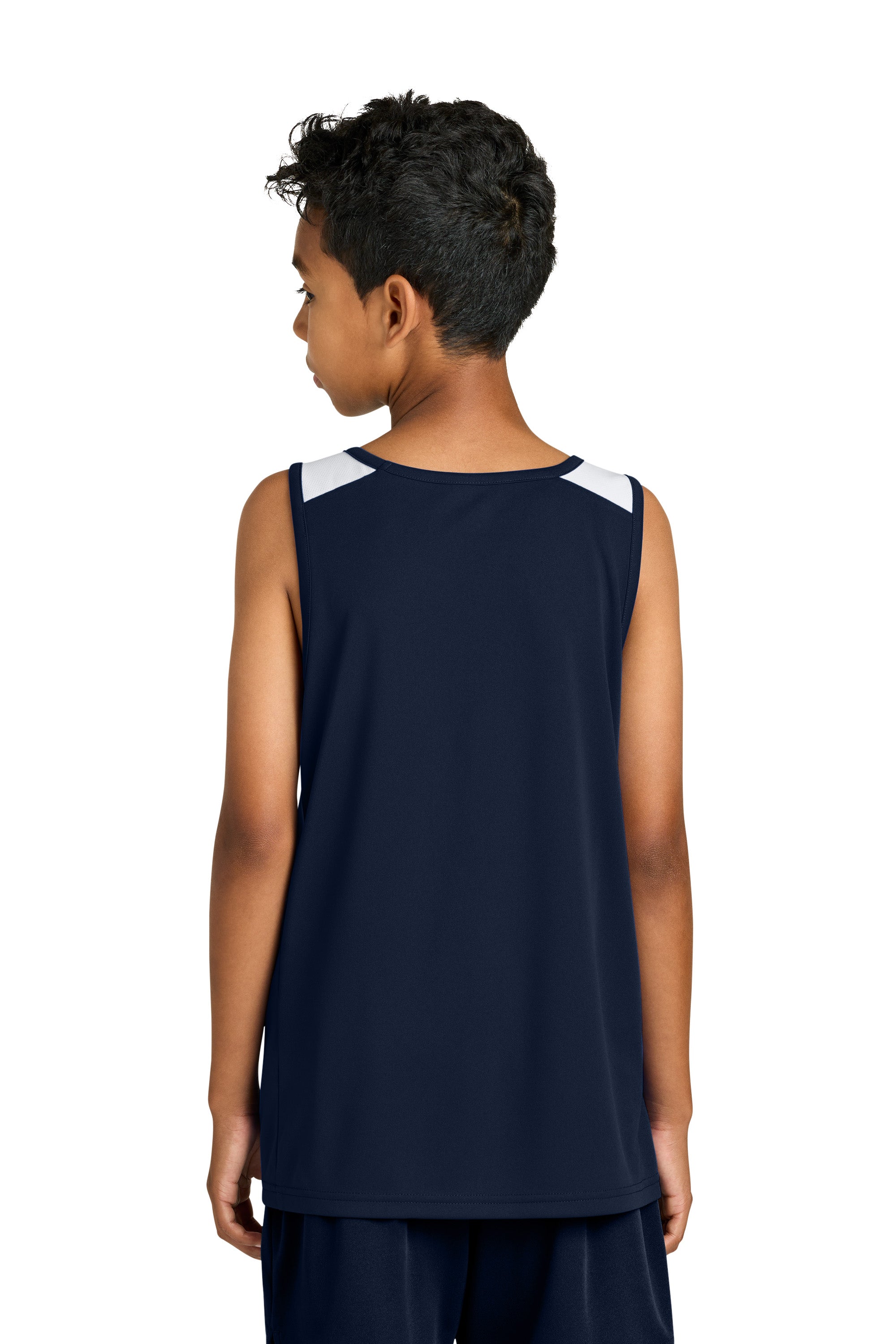 Sport-Tek YST446 Youth Club Track Tank Top True Navy Blue/White Model Back