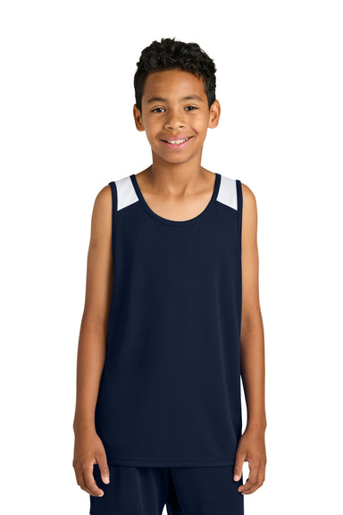 Sport-Tek YST446 Youth Club Track Tank Top True Navy Blue/White Model Front