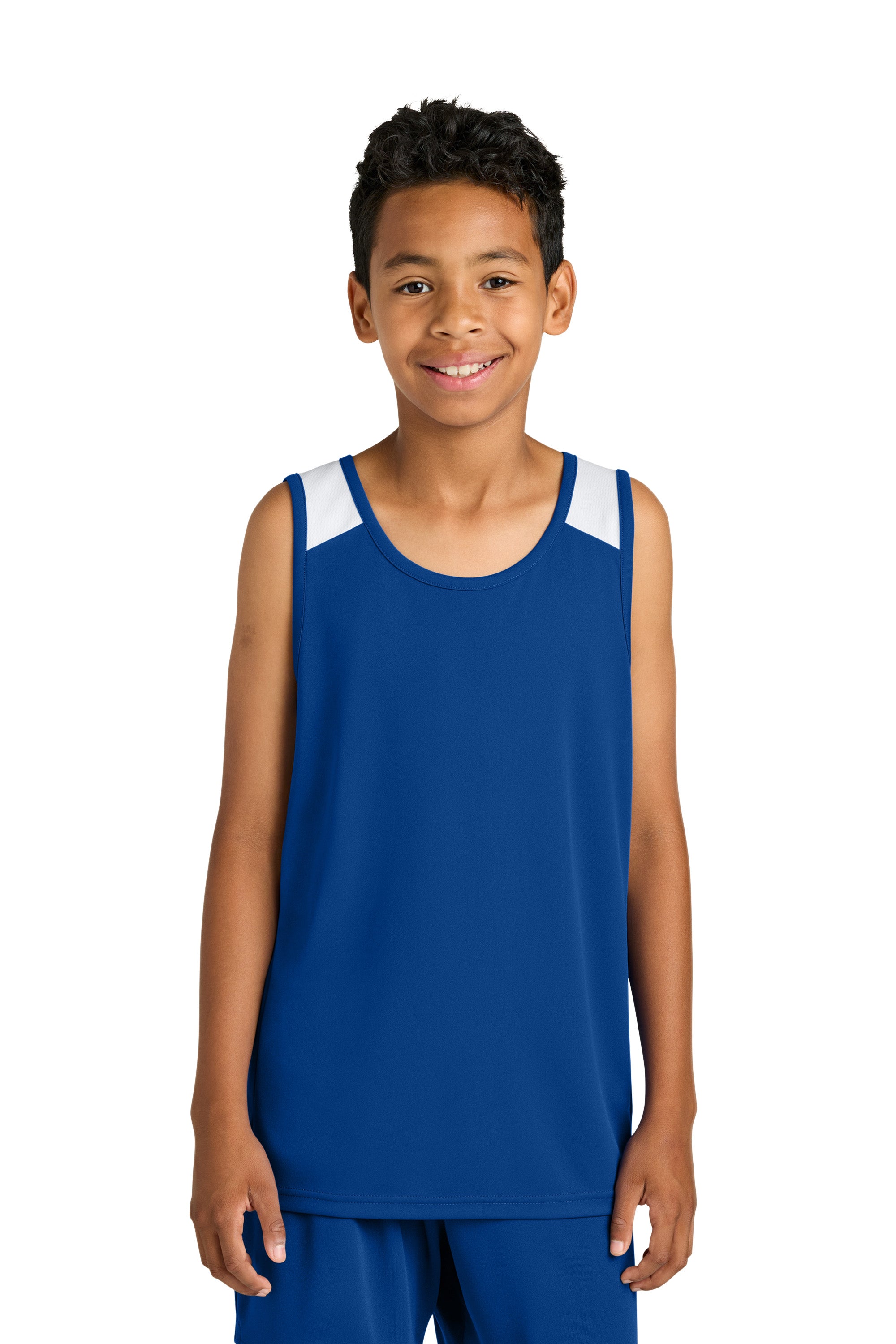 Sport-Tek YST446 Youth Club Track Tank Top True Royal Blue/White Model Front
