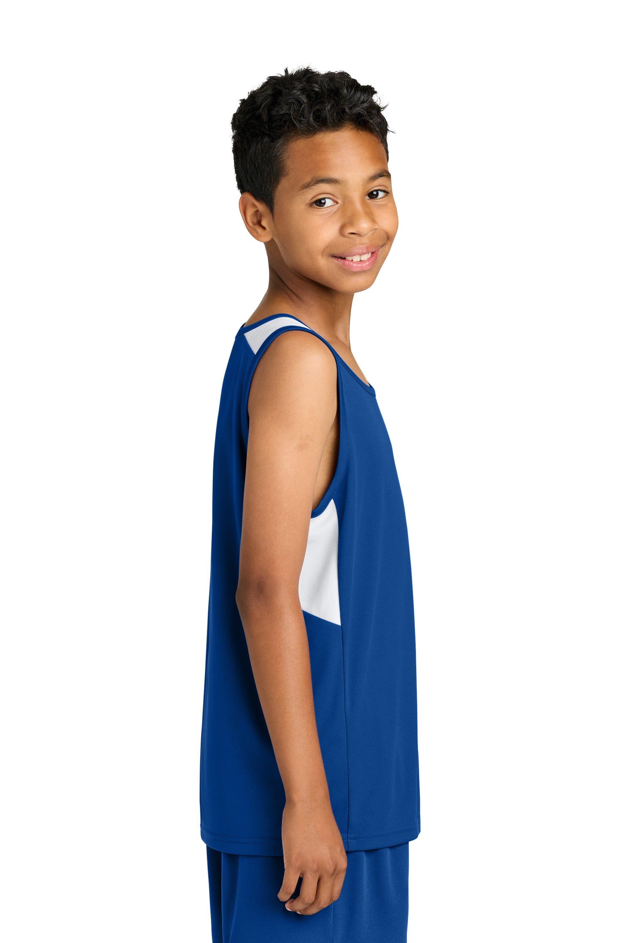 Sport-Tek YST446 Youth Club Track Tank Top True Royal Blue/White Model Side
