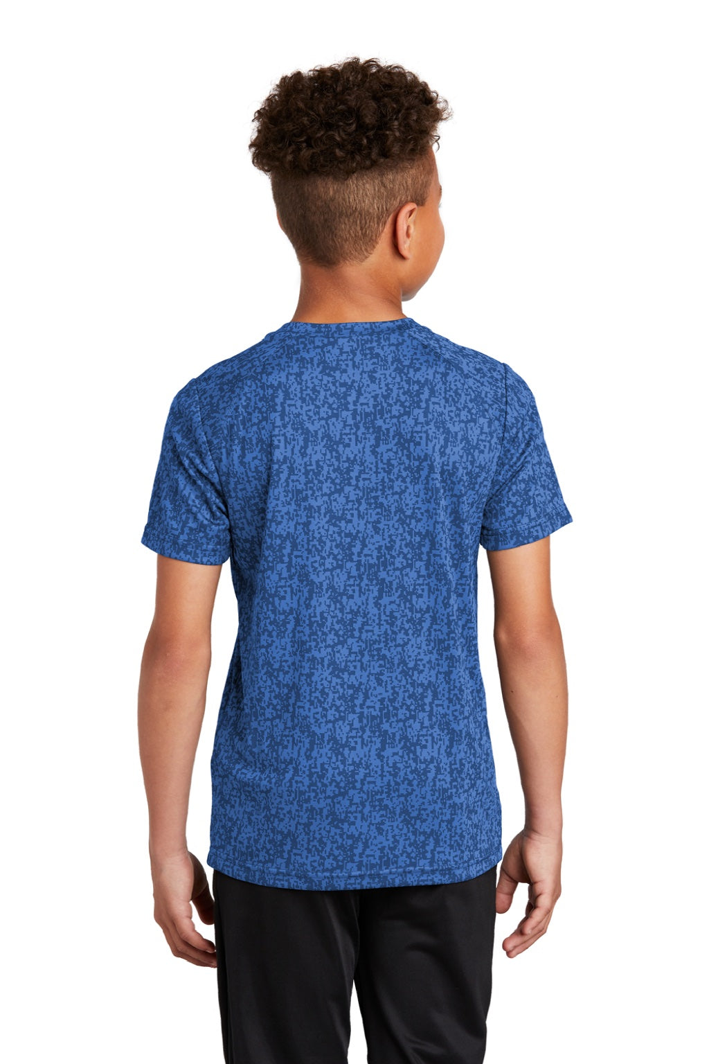 Sport-Tek YST460 Youth Digi Camo Moisture Wicking Short Sleeve Crewneck T-Shirt Royal Blue Model Back