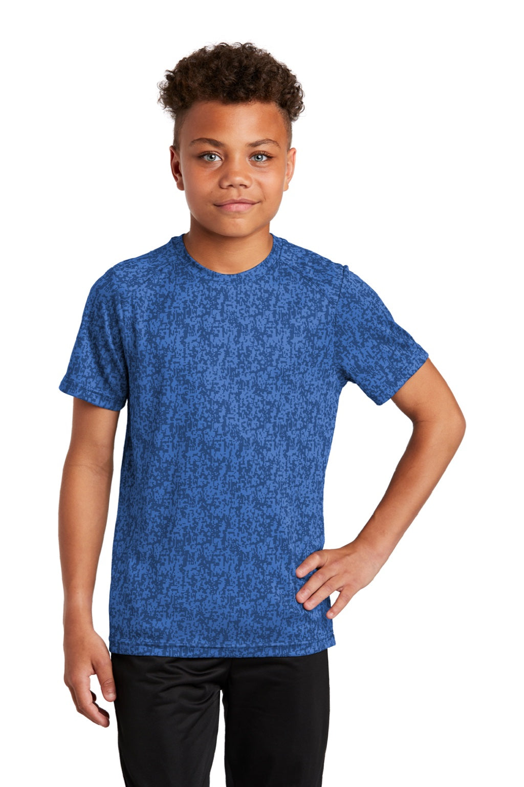 Sport-Tek YST460 Youth Digi Camo Moisture Wicking Short Sleeve Crewneck T-Shirt Royal Blue Model Front