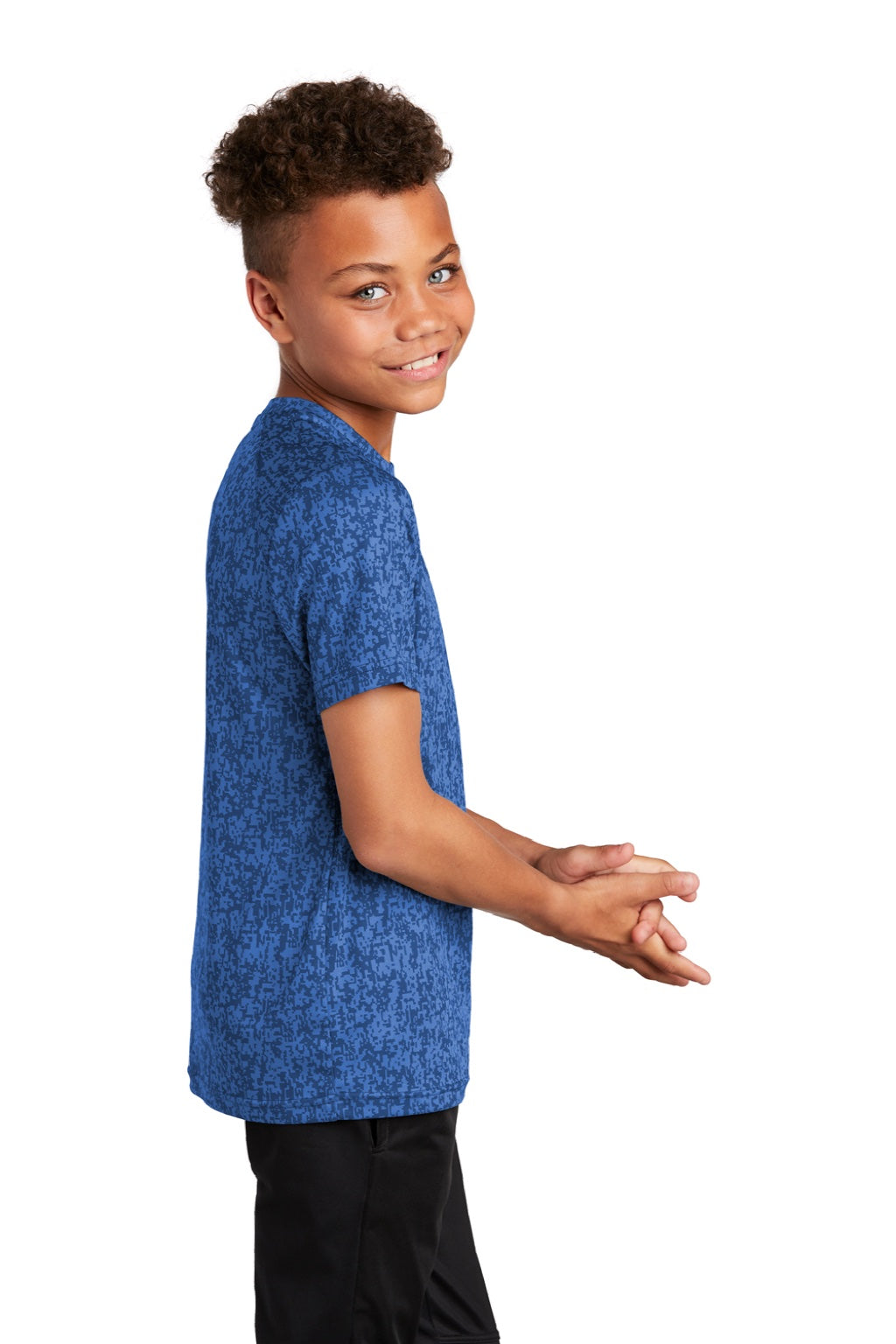 Sport-Tek YST460 Youth Digi Camo Moisture Wicking Short Sleeve Crewneck T-Shirt Royal Blue Model Side