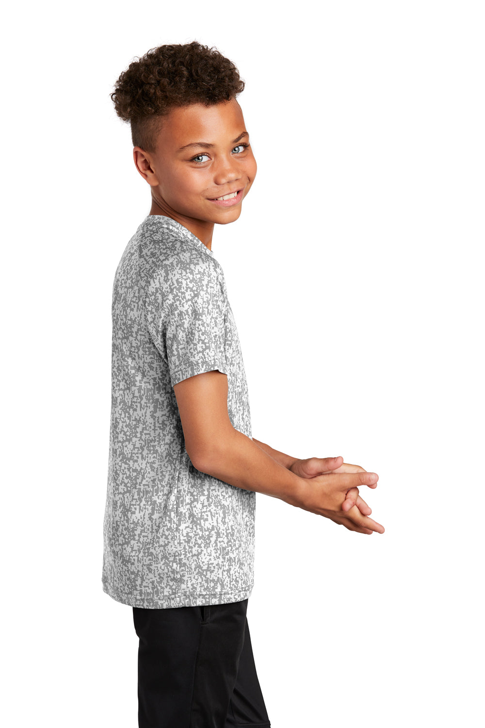 Sport-Tek YST460 Youth Digi Camo Moisture Wicking Short Sleeve Crewneck T-Shirt White Model Side