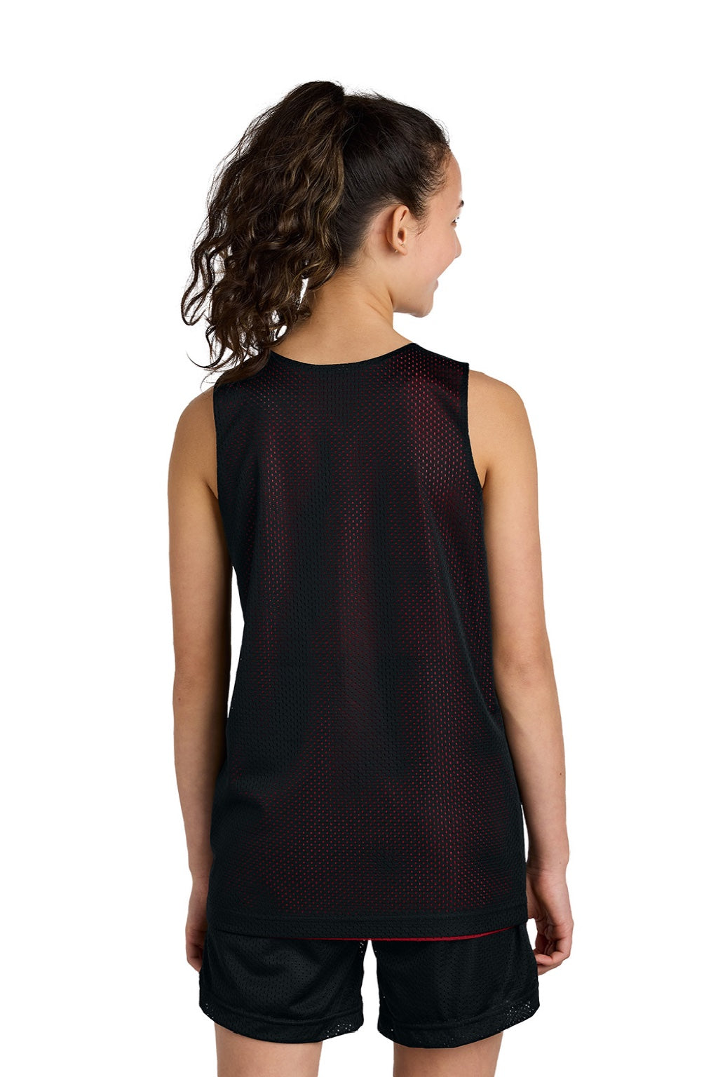 Sport-Tek YST5000 Youth Moisture Wicking Reversible Mesh Tank Top Black/Deep Red Model Back
