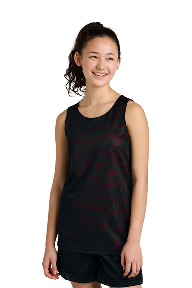 Sport-Tek YST5000 Youth Moisture Wicking Reversible Mesh Tank Top Black/Deep Red Model Front