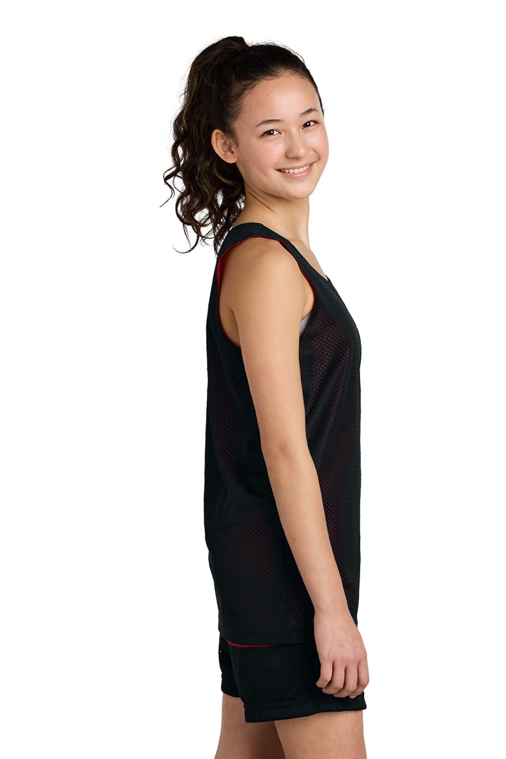 Sport-Tek YST5000 Youth Moisture Wicking Reversible Mesh Tank Top Black/Deep Red Model Side