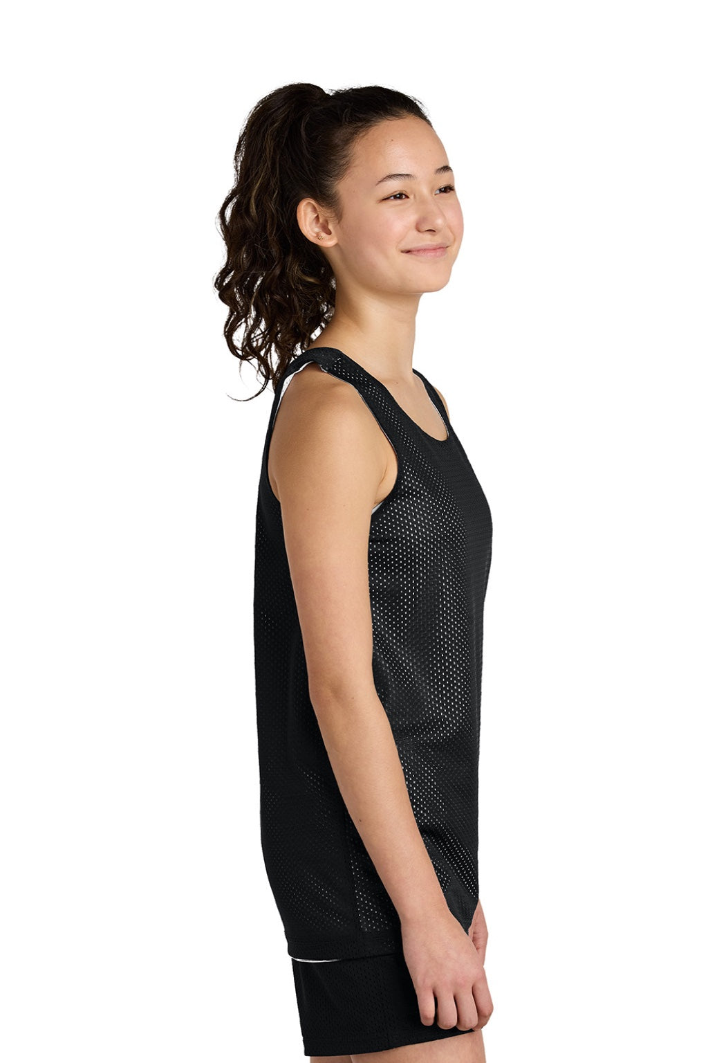 Sport-Tek YST5000 Youth Moisture Wicking Reversible Mesh Tank Top Black/White Model Side