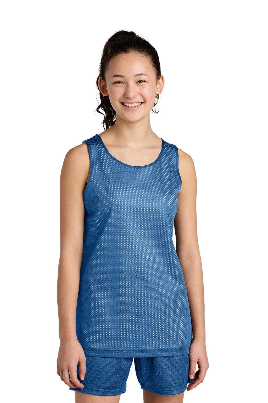 Sport-Tek YST5000 Youth Moisture Wicking Reversible Mesh Tank Top Carolina Blue/White Model Front