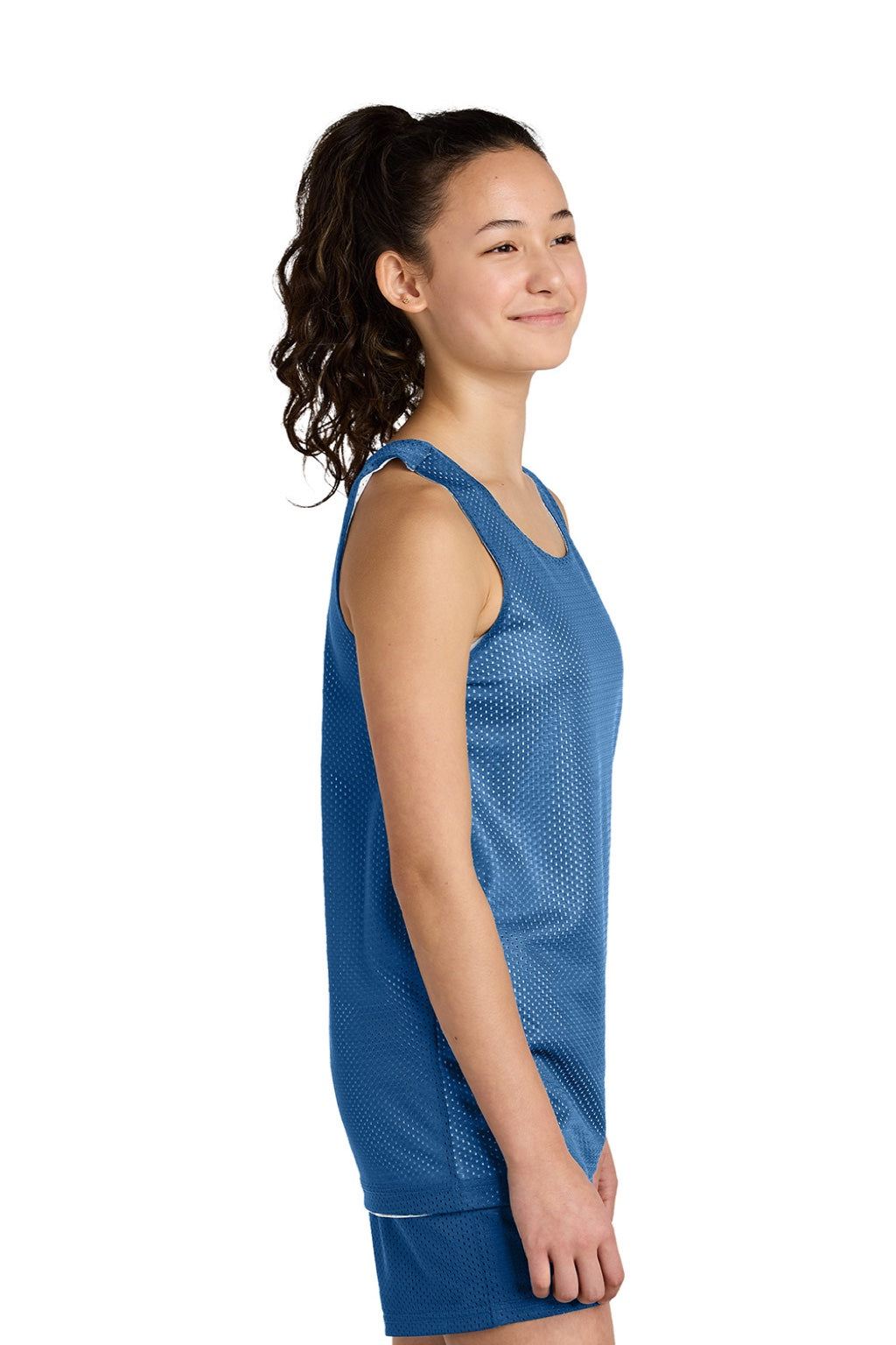 Sport-Tek YST5000 Youth Moisture Wicking Reversible Mesh Tank Top Carolina Blue/White Model Side