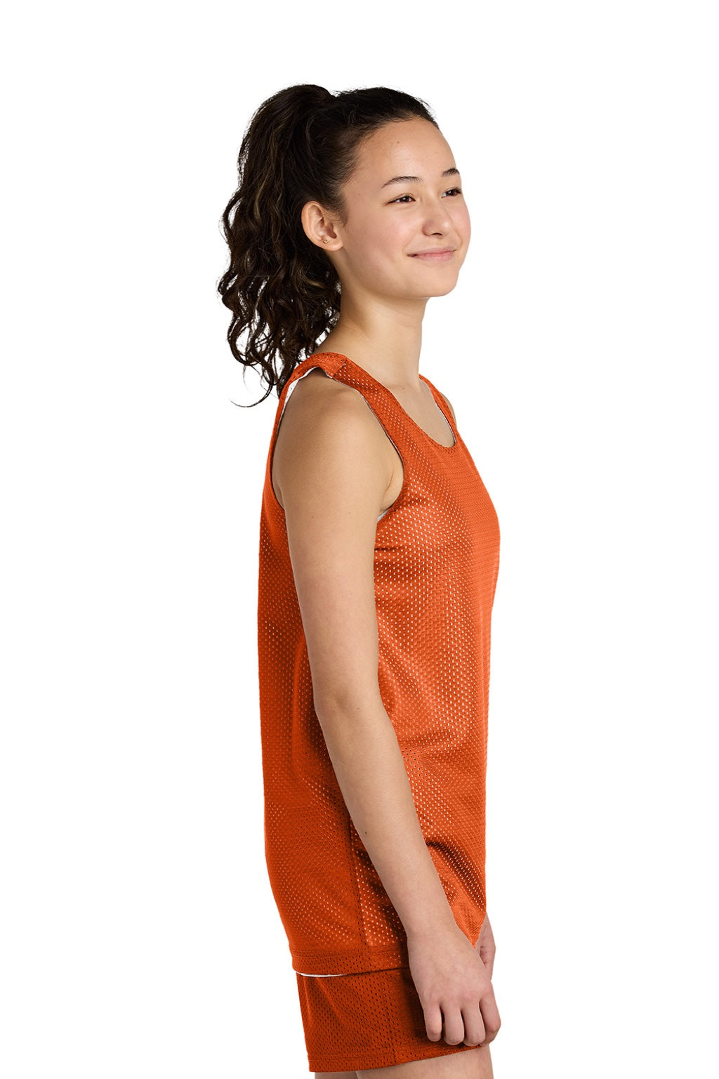 Sport-Tek YST5000 Youth Moisture Wicking Reversible Mesh Tank Top Deep Orange/White Model Side
